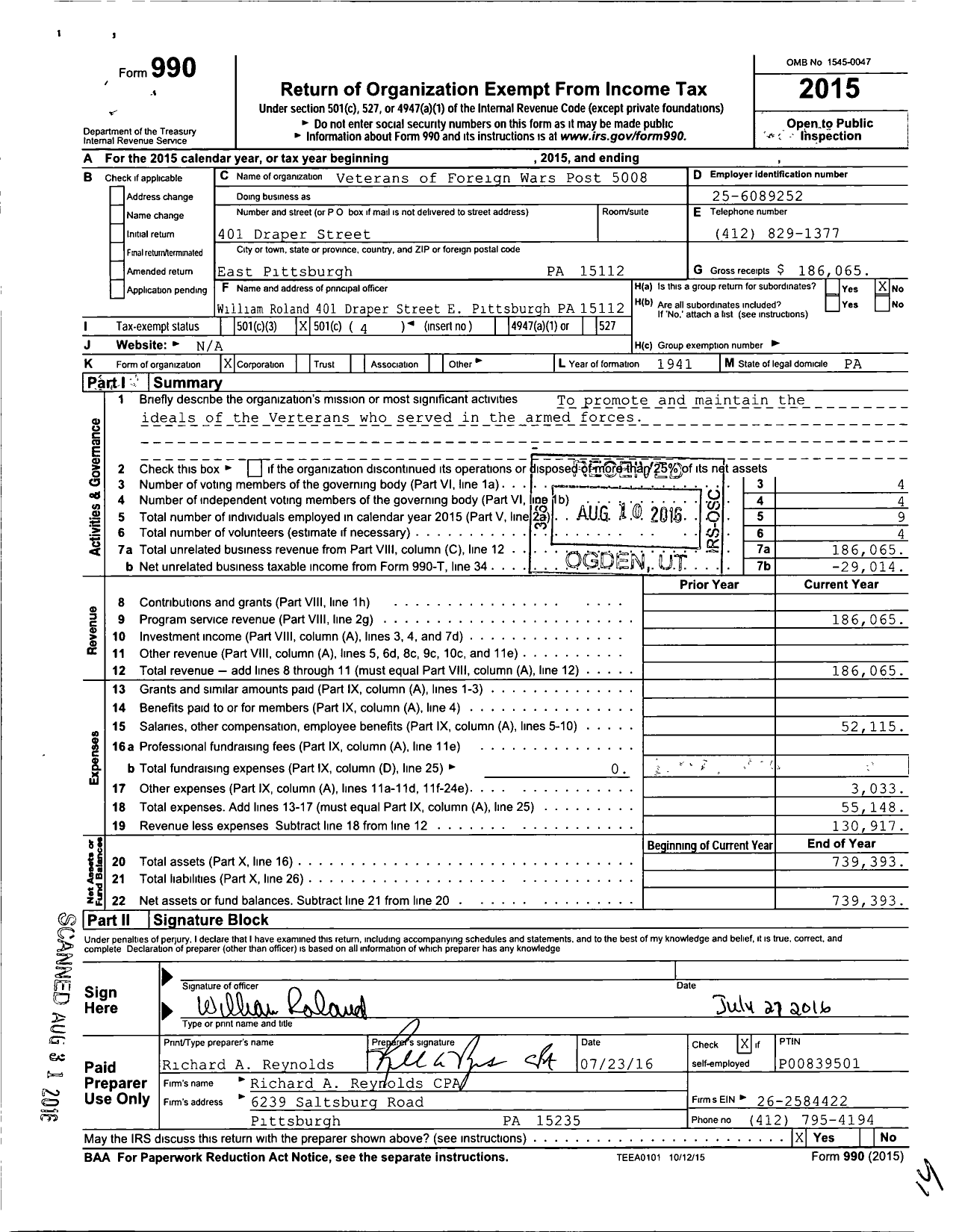 Image of first page of 2015 Form 990O for VFW Department of Pennsylvania - 5008 E Pittsburgh Post