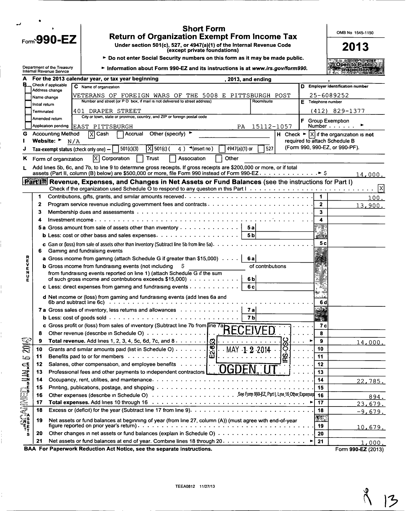 Image of first page of 2013 Form 990EO for VFW Department of Pennsylvania - 5008 E Pittsburgh Post