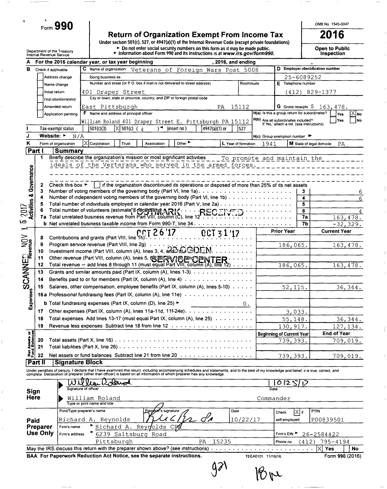 Image of first page of 2016 Form 990O for VFW Department of Pennsylvania - 5008 E Pittsburgh Post