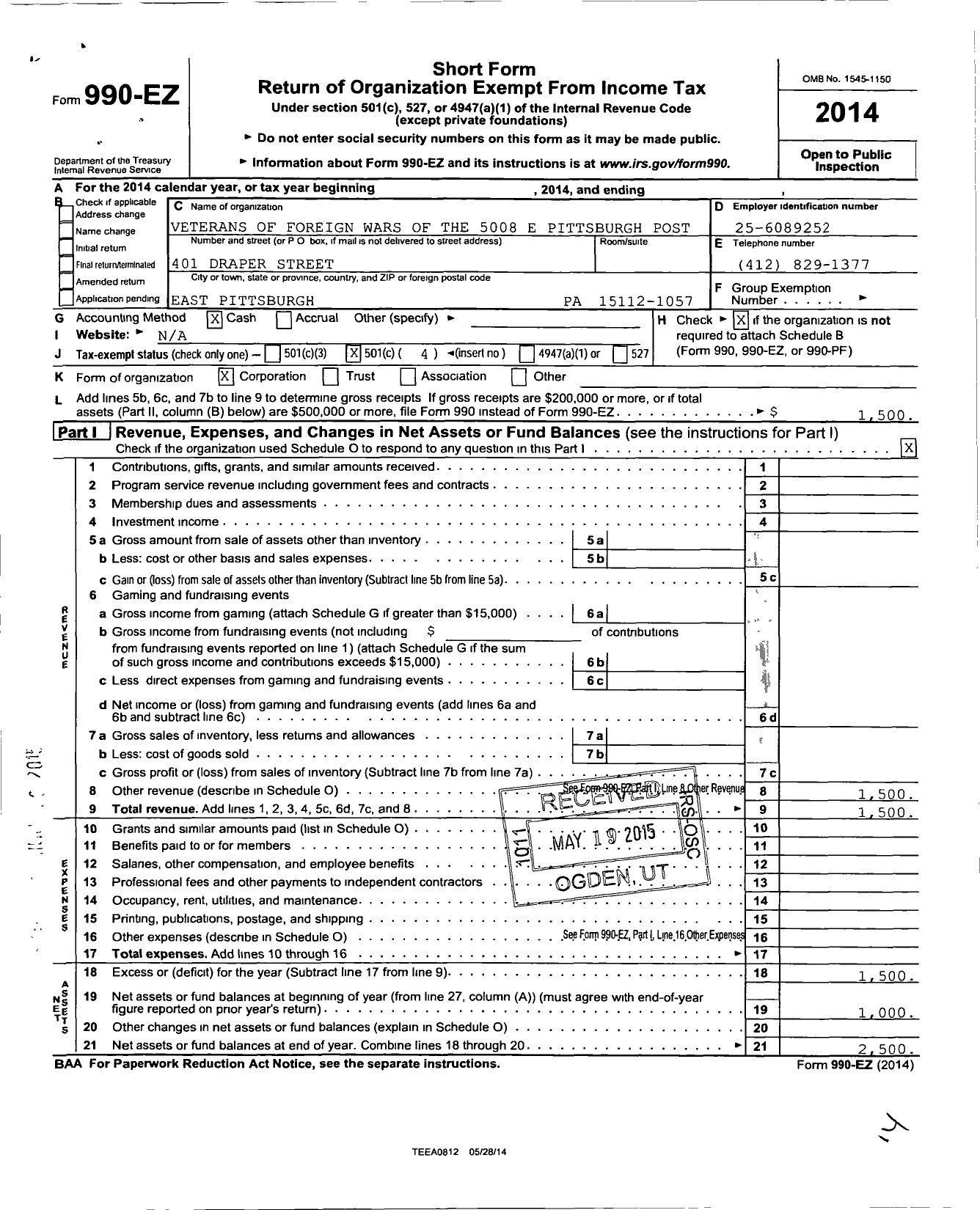 Image of first page of 2014 Form 990EO for VFW Department of Pennsylvania - 5008 E Pittsburgh Post