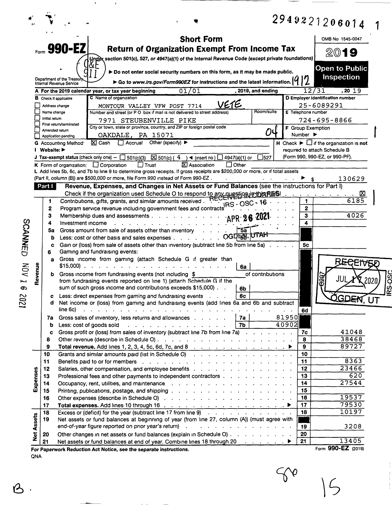 Image of first page of 2019 Form 990EO for Veterans of Foreign Wars of the United States Auxiliary Dept of Pa - 7714 Montour Valley Auxiliary