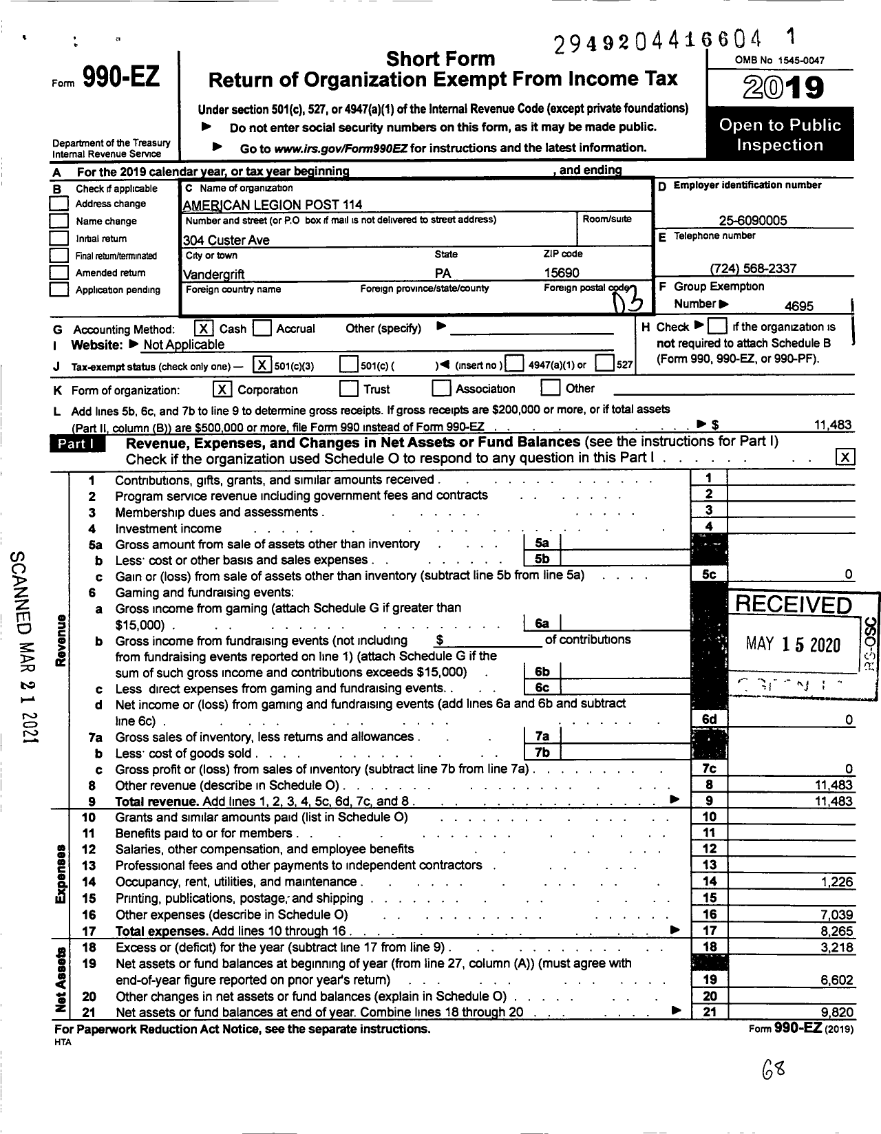 Image of first page of 2019 Form 990EZ for American Legion Post 114