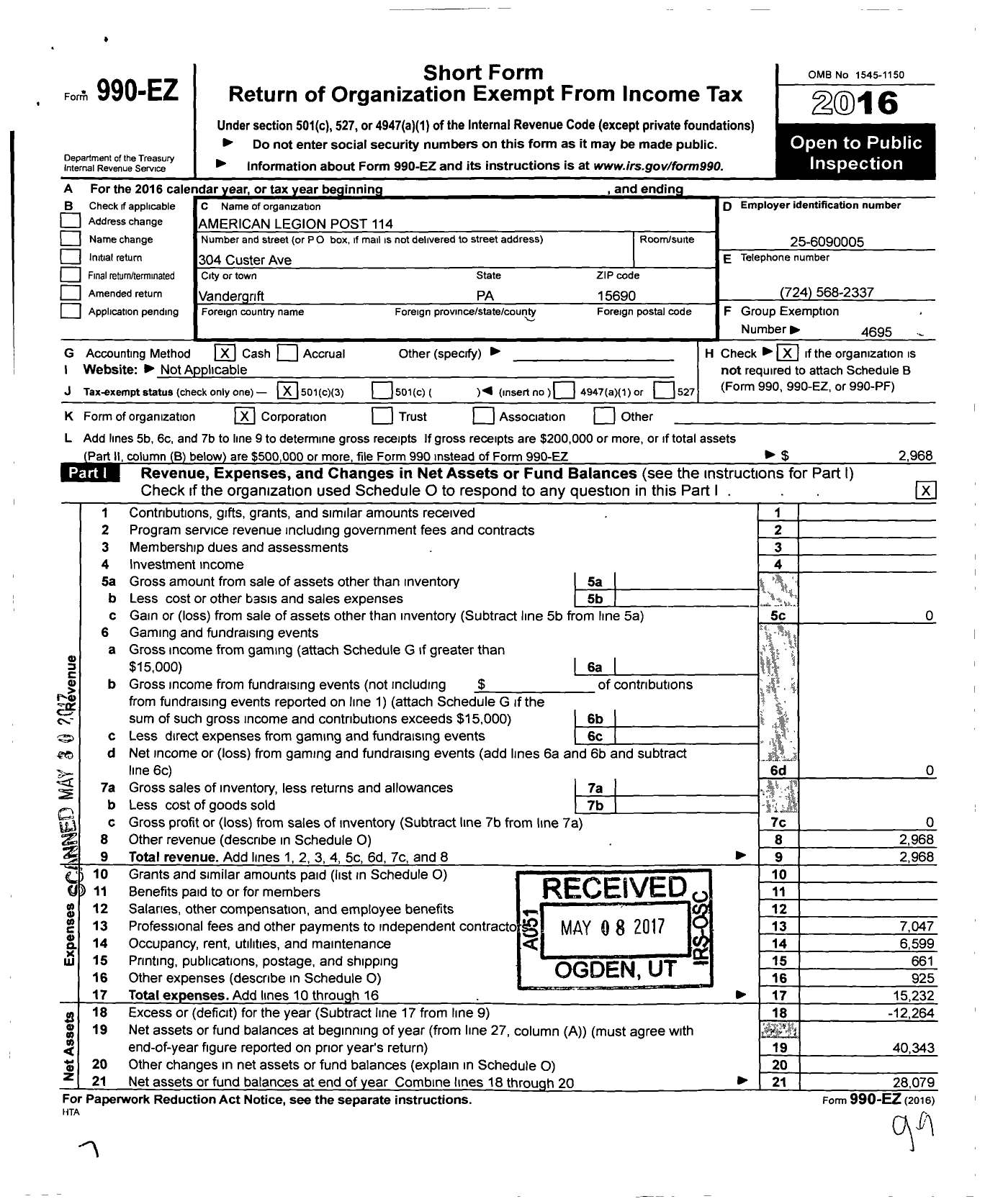 Image of first page of 2016 Form 990EZ for American Legion Post 114