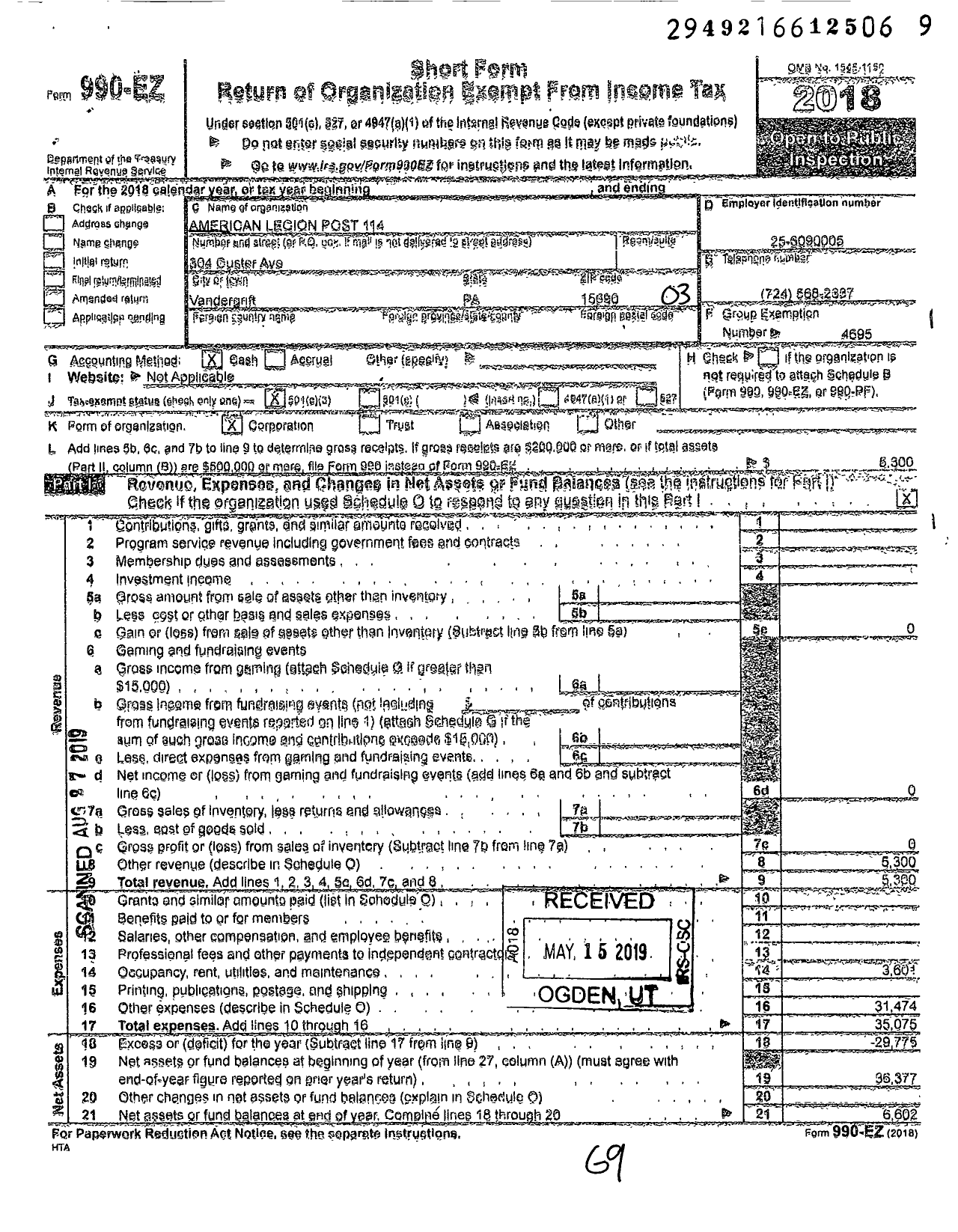 Image of first page of 2018 Form 990EZ for American Legion Post 114