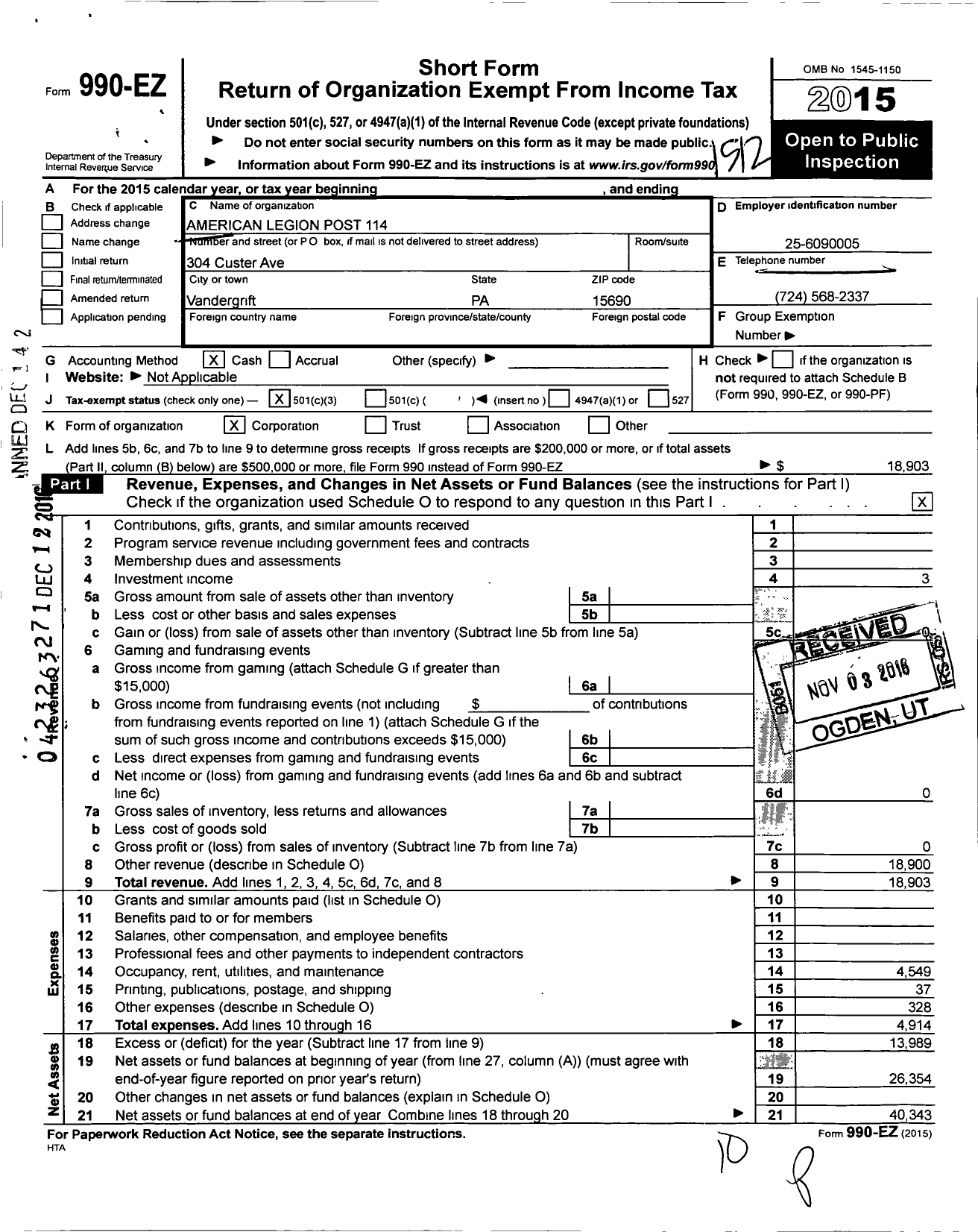 Image of first page of 2015 Form 990EZ for American Legion Post 114