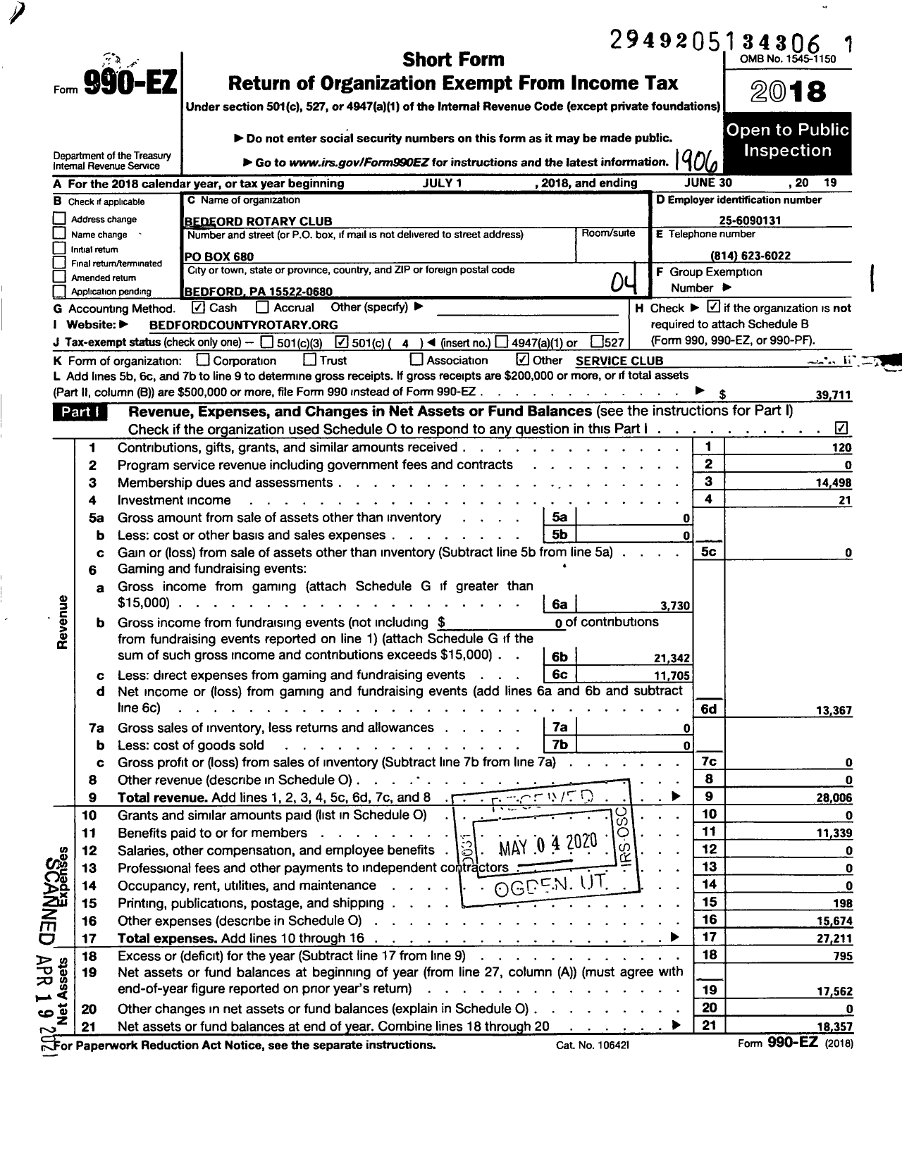 Image of first page of 2018 Form 990EO for Rotary International - Bedford Rotary Club