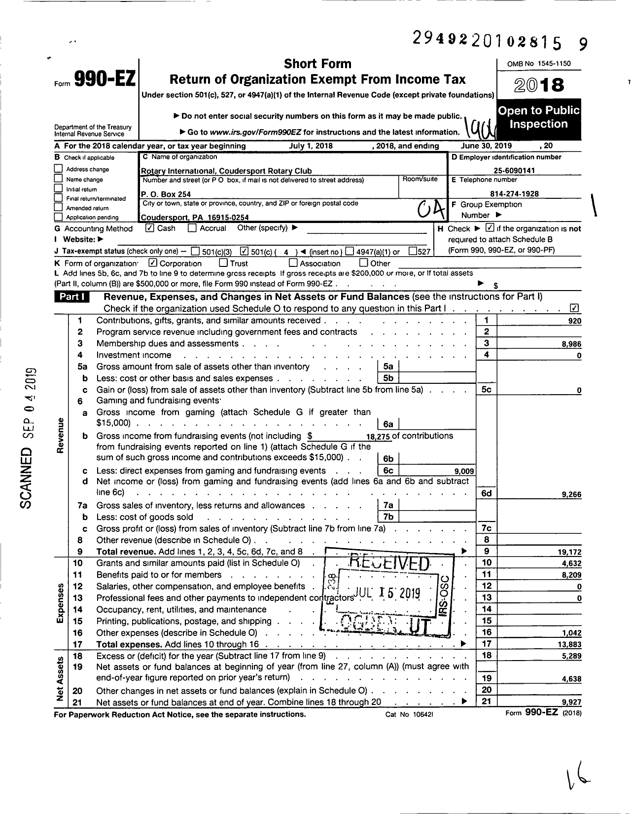 Image of first page of 2018 Form 990EO for ROTARY INTERNATIONAL - Coudersport ROTARY Club