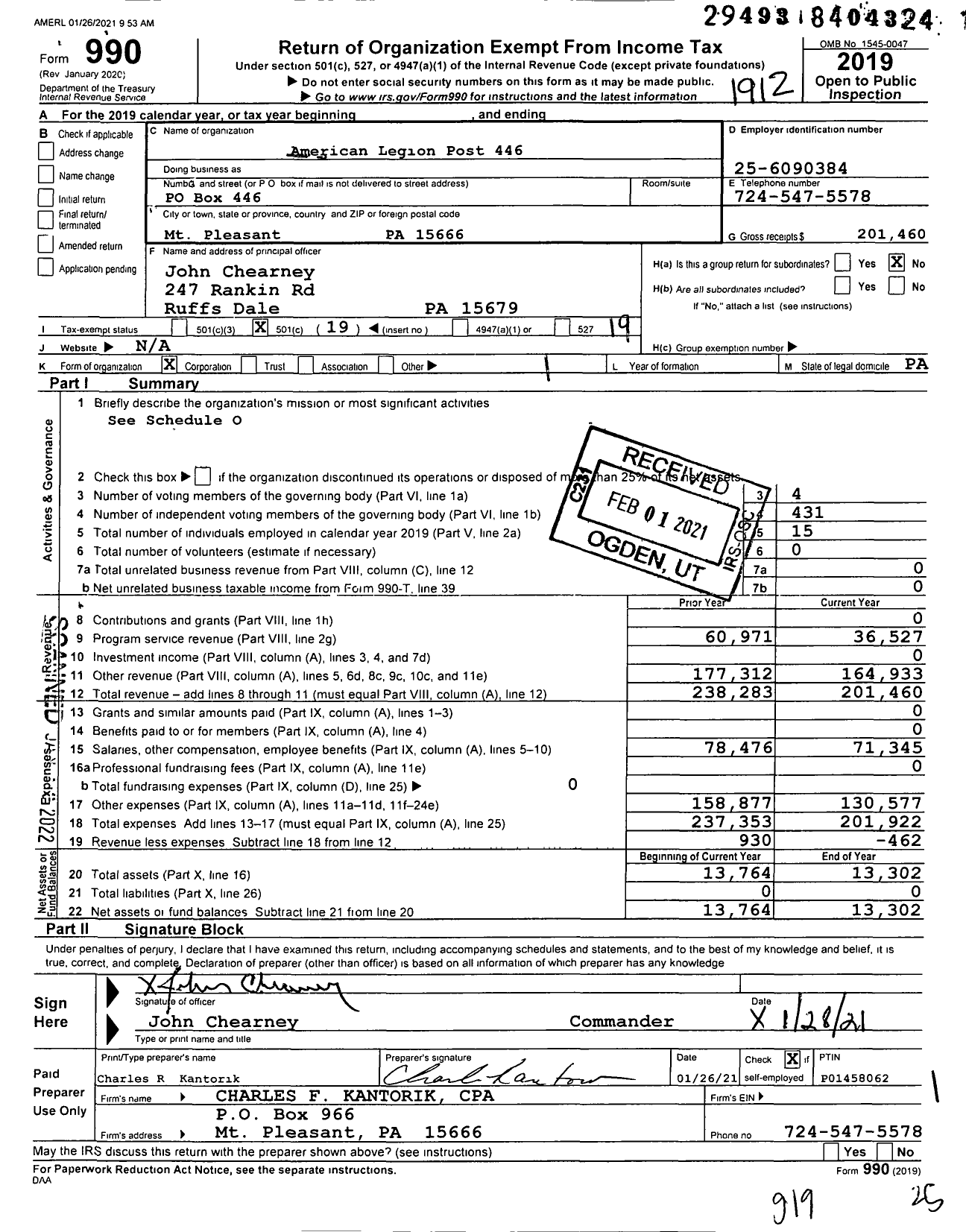 Image of first page of 2019 Form 990O for American Legion - 446 Post