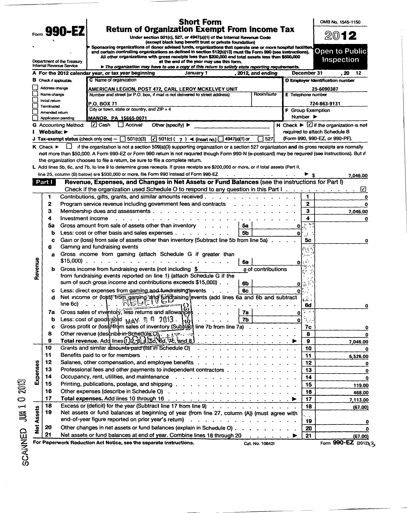 Image of first page of 2012 Form 990EO for American LegionPost 472Carl Leroy McKelvey Unit