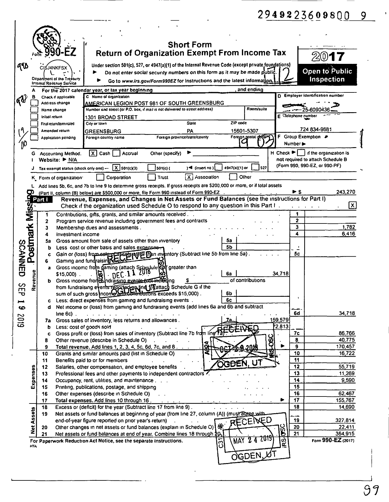 Image of first page of 2017 Form 990EO for American Legion - 0981 Charnesky-Vaccare