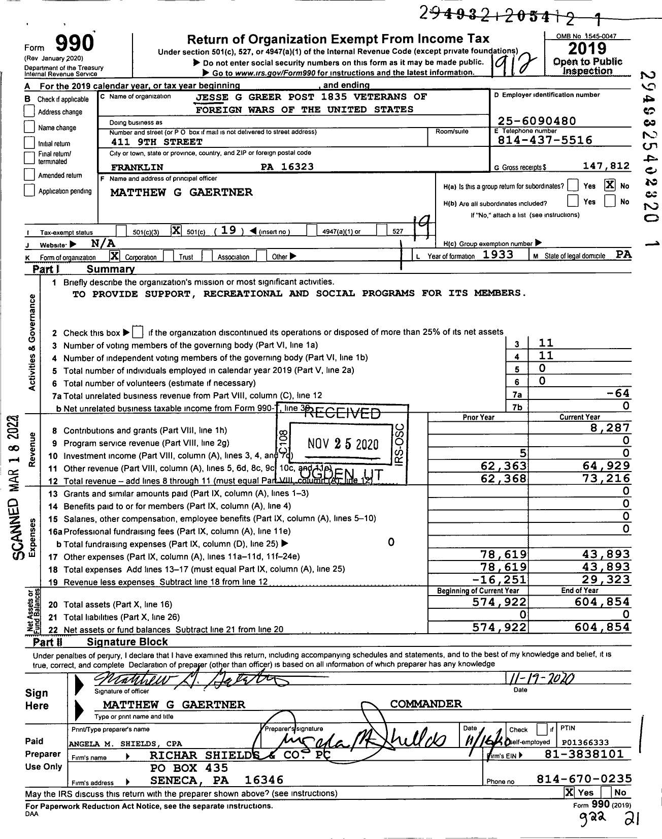 Image of first page of 2019 Form 990O for Jesse G Greer Post 1835 Veterans of Foreign Wars of the United States