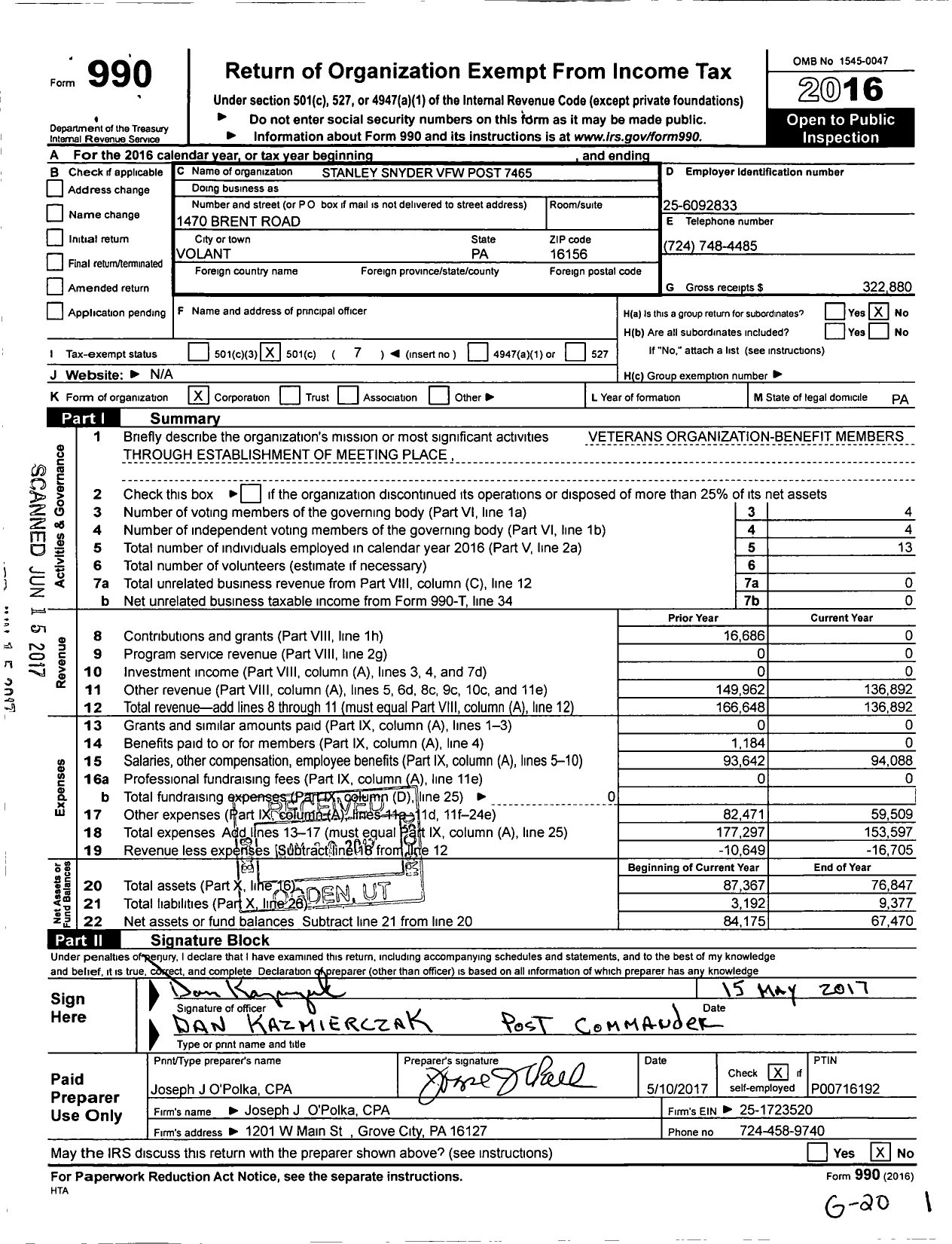 Image of first page of 2016 Form 990O for VFW Department of Pennsylvania - 7465 Stanley Snyder VFW Post