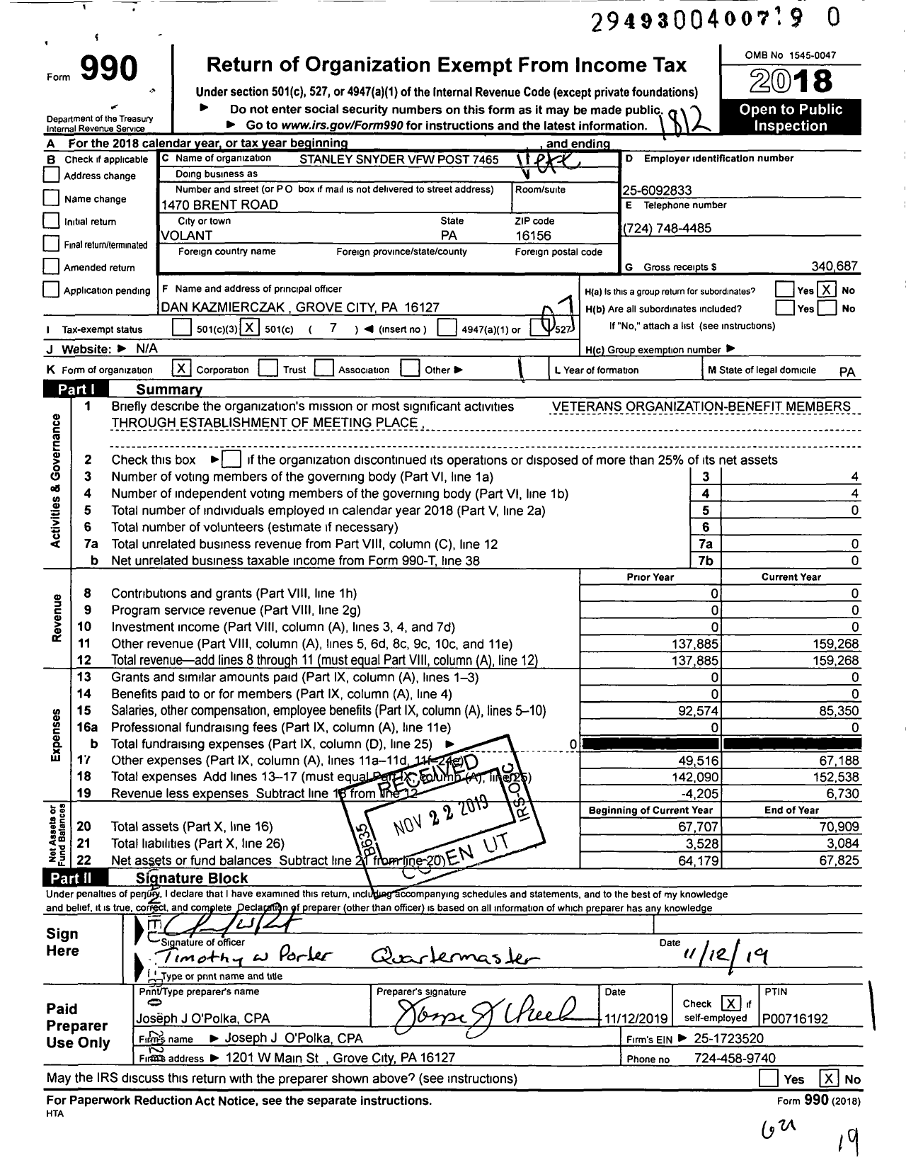 Image of first page of 2018 Form 990O for VFW Department of Pennsylvania - 7465 Stanley Snyder VFW Post