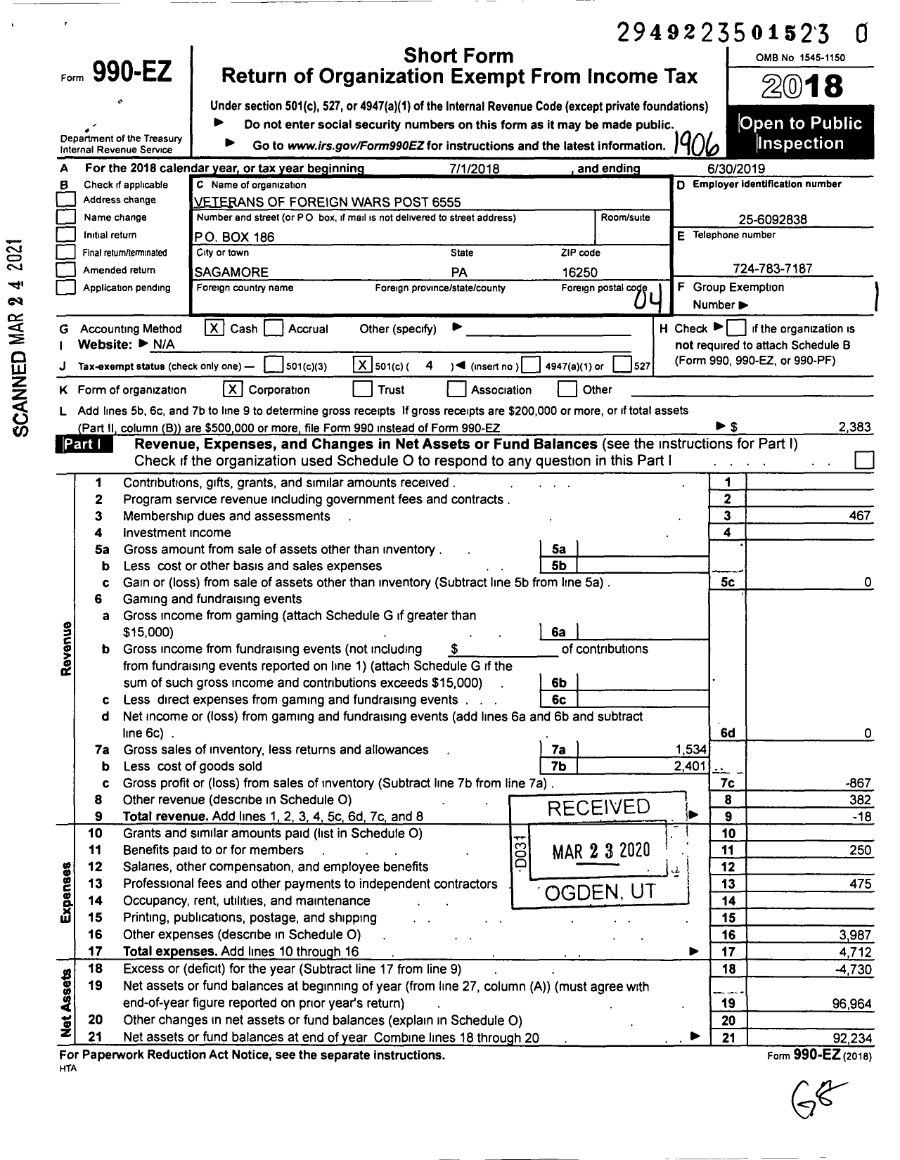 Image of first page of 2018 Form 990EO for VFW Department of Pennsylvania - 6555 LT Col Max Post