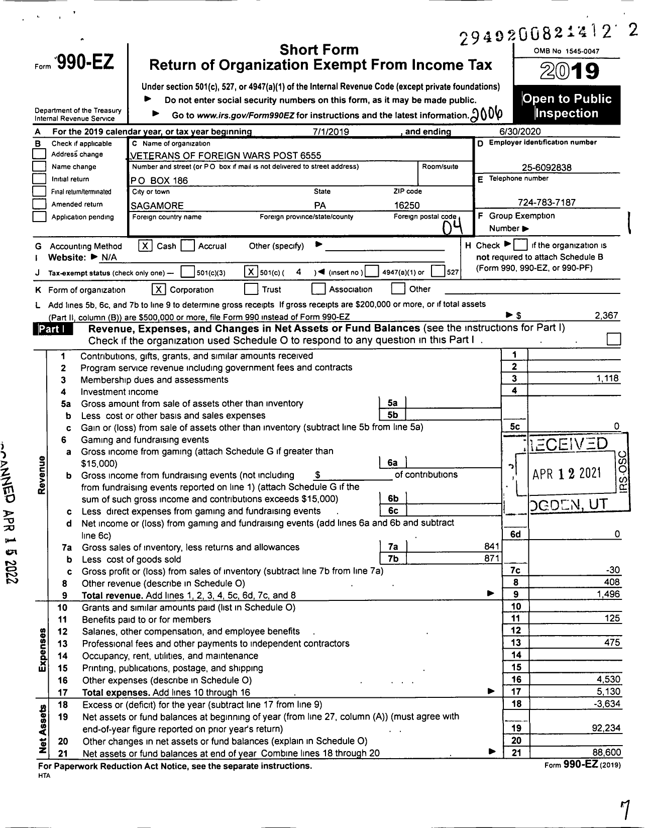 Image of first page of 2019 Form 990EO for VFW Department of Pennsylvania - 6555 LT Col Max Post
