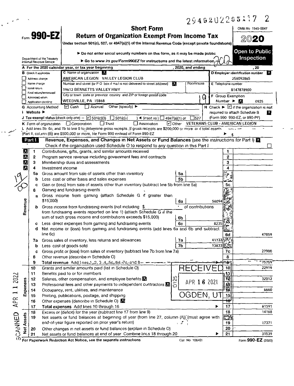 Image of first page of 2020 Form 990EO for AMERICAN LEGION - 978 Valley