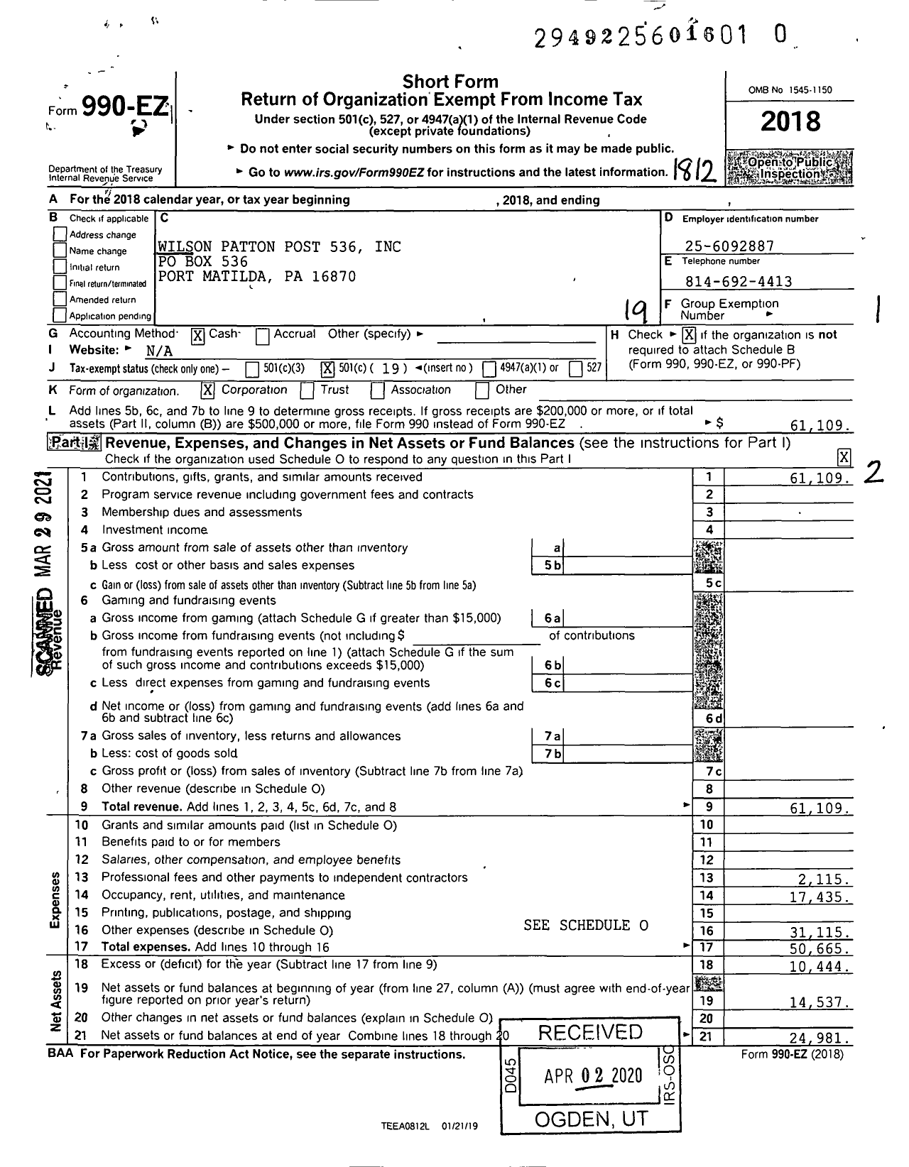 Image of first page of 2018 Form 990EO for American Legion - 536 Wilson Patton Post