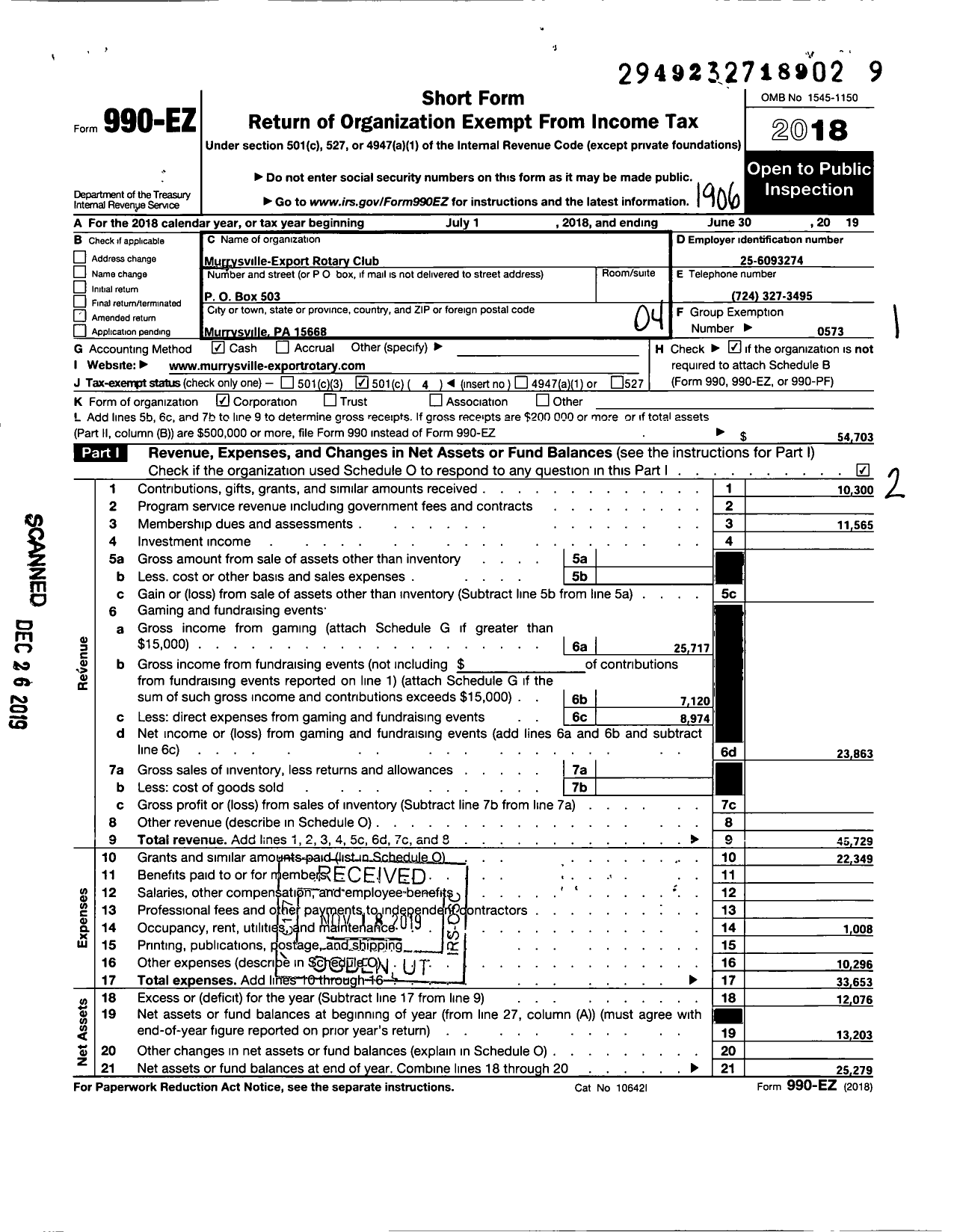 Image of first page of 2018 Form 990EO for Rotary International - Murrysville Export Rotary Club