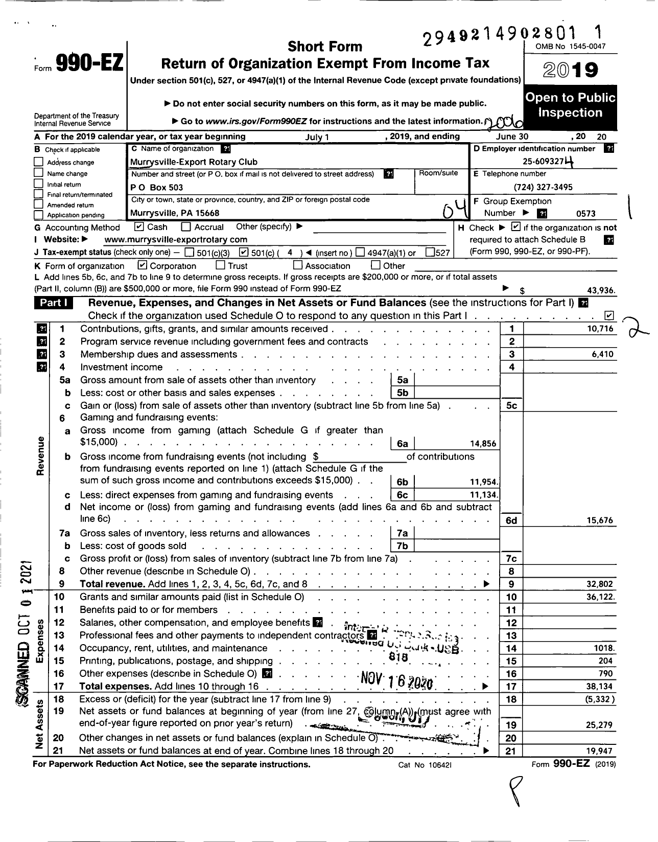 Image of first page of 2019 Form 990EO for Rotary International - Murrysville Export Rotary Club