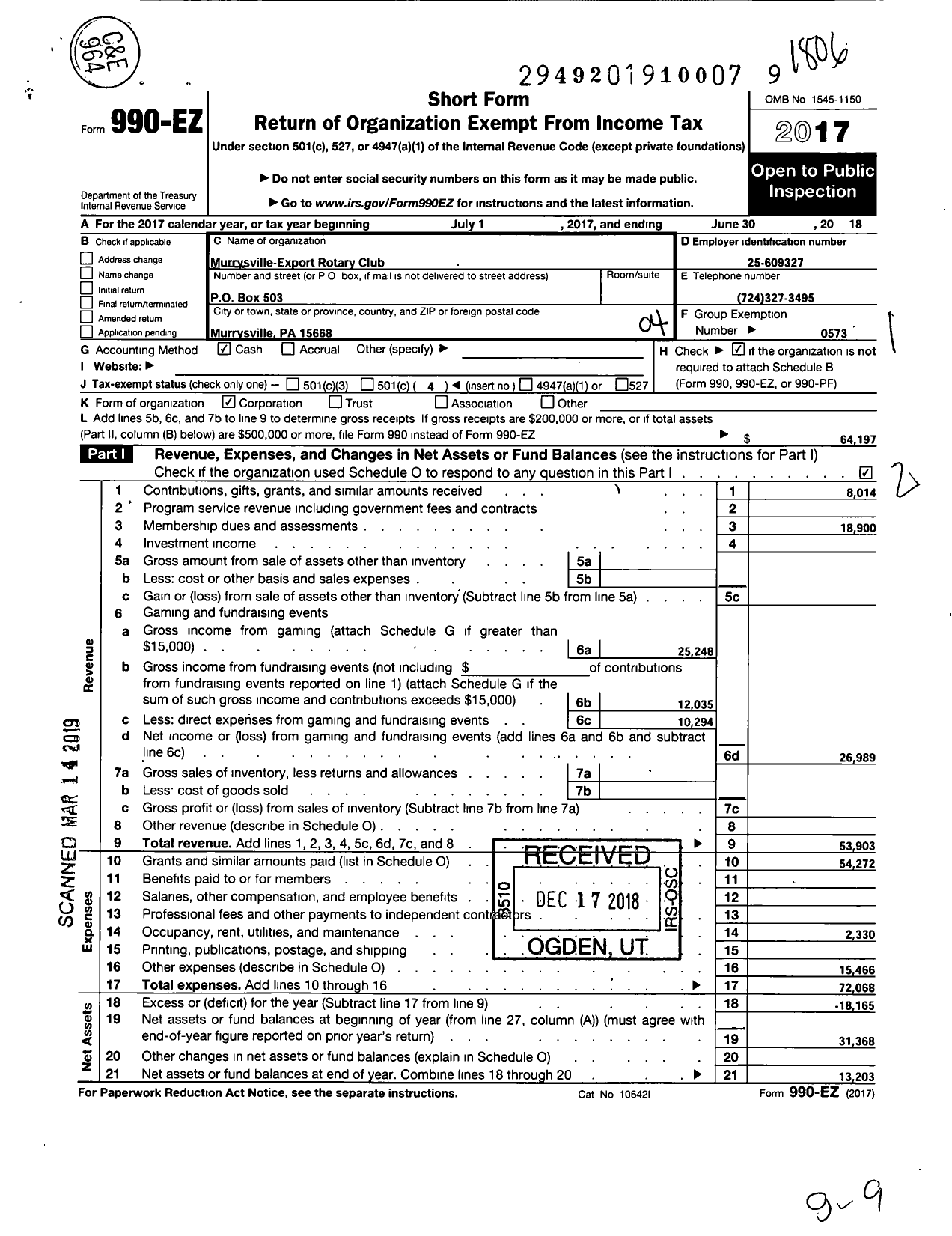 Image of first page of 2017 Form 990EO for Rotary International - Murrysville Export Rotary Club