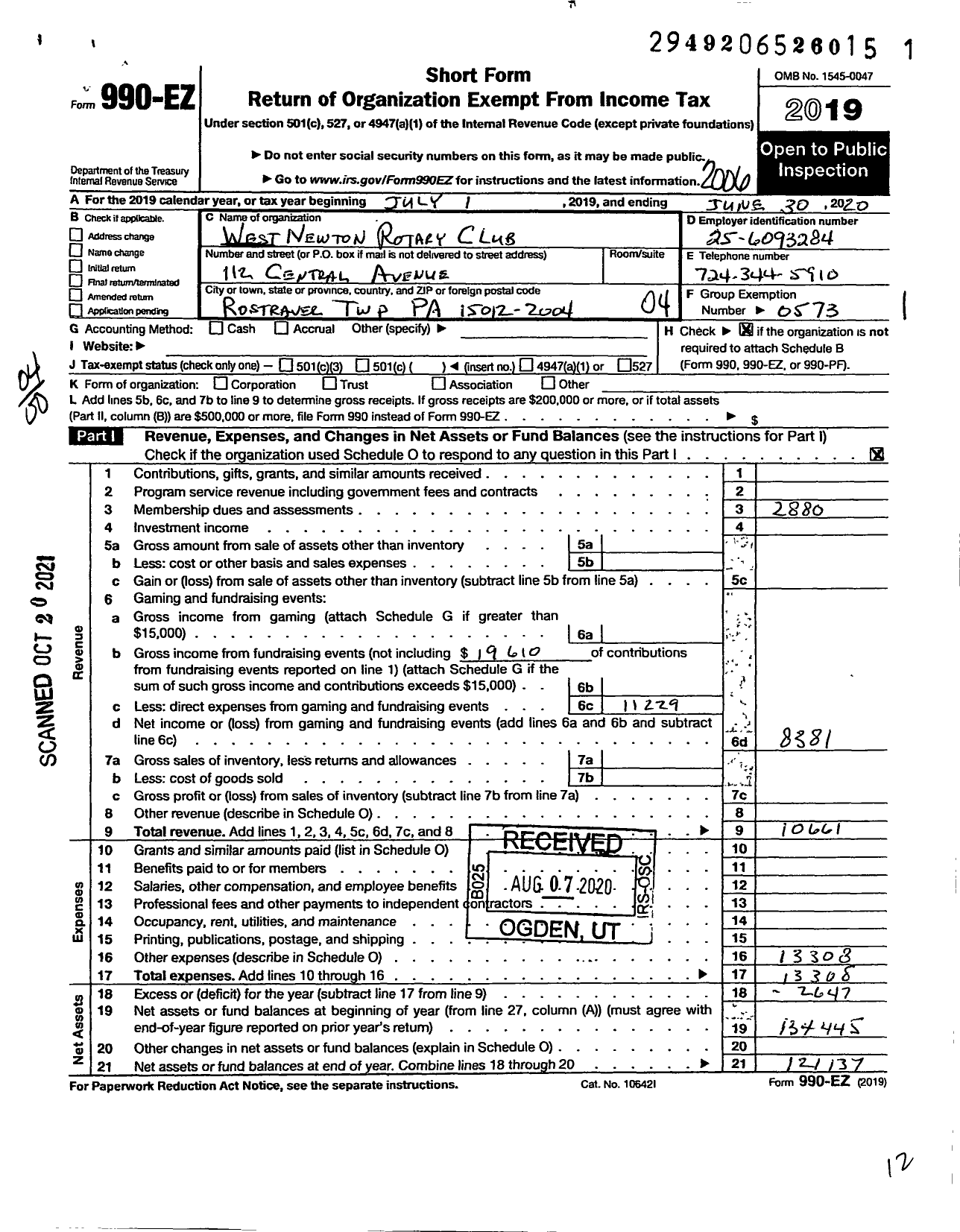 Image of first page of 2019 Form 990EO for Rotary International - West Newton Rotary Club