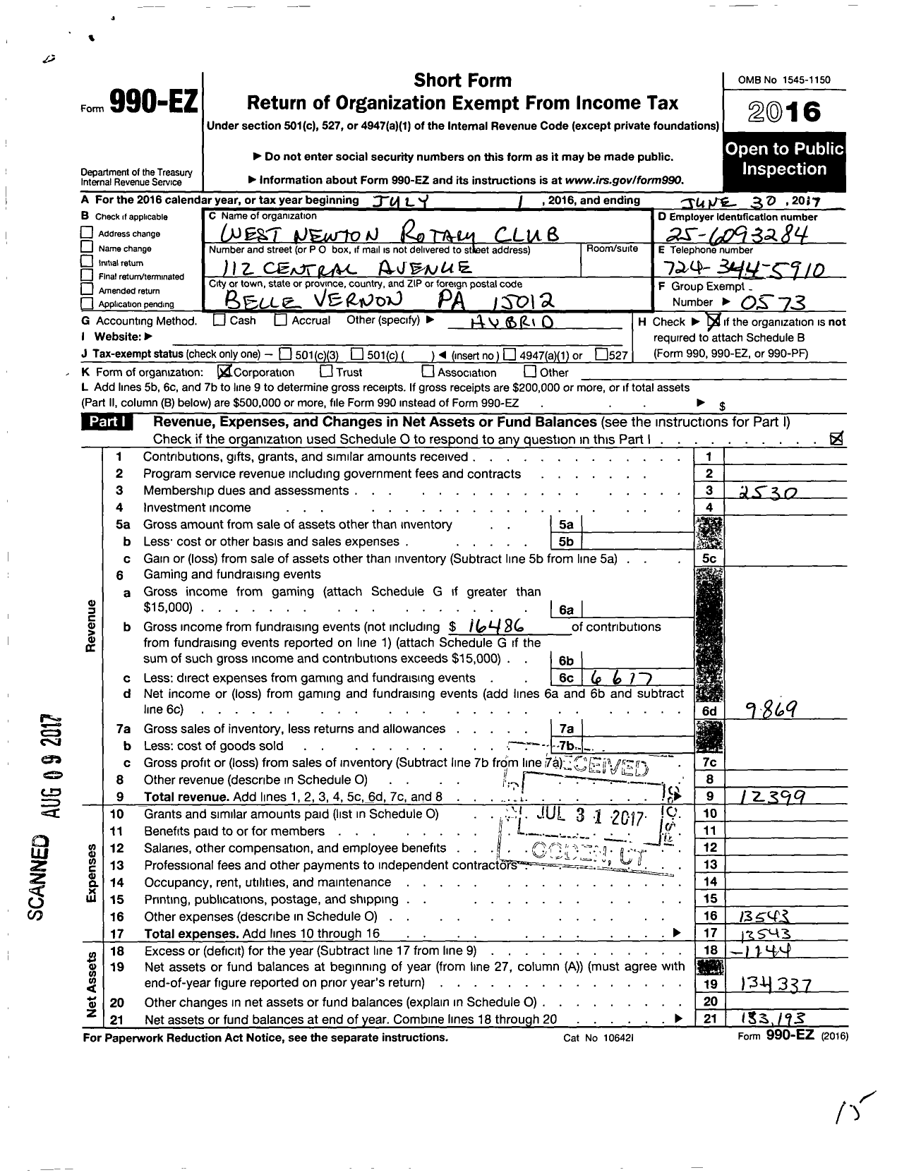 Image of first page of 2016 Form 990EO for Rotary International - West Newton Rotary Club