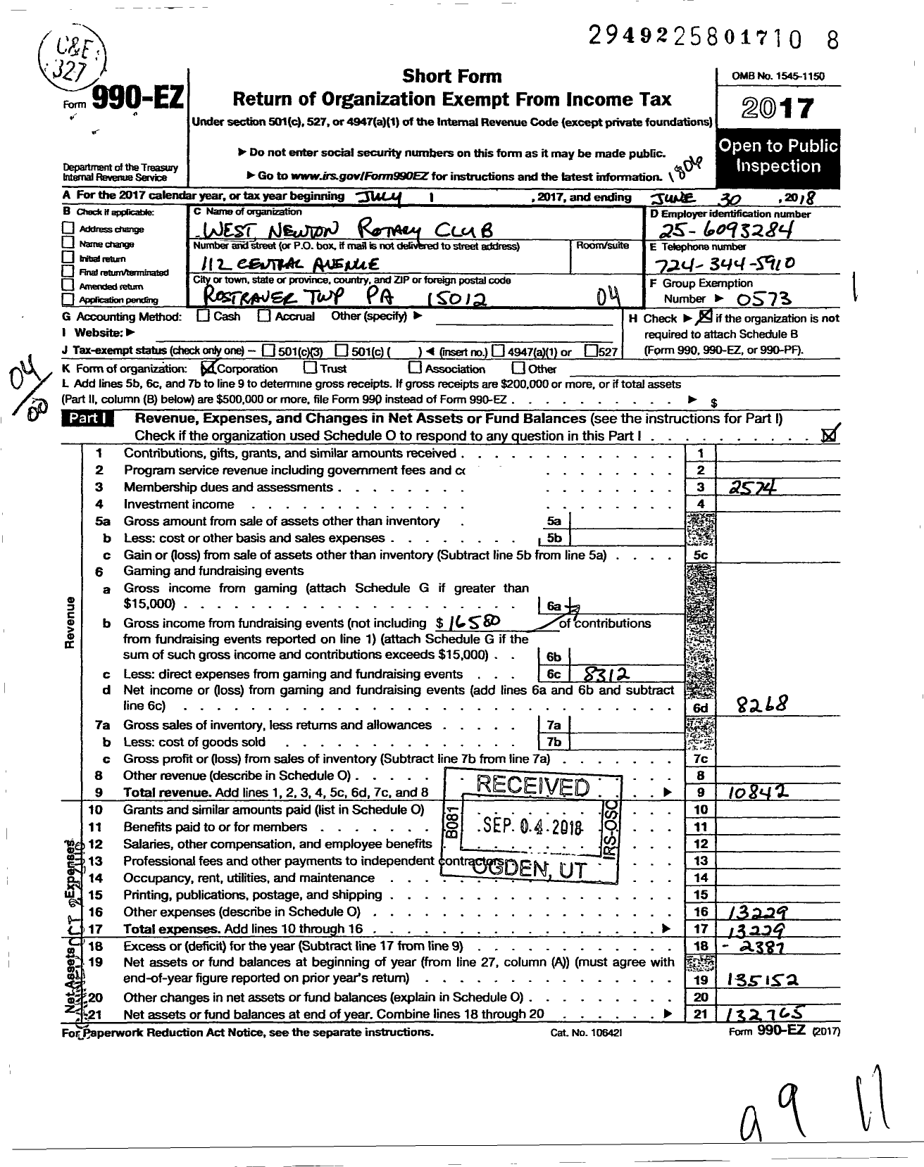 Image of first page of 2017 Form 990EO for Rotary International - West Newton Rotary Club