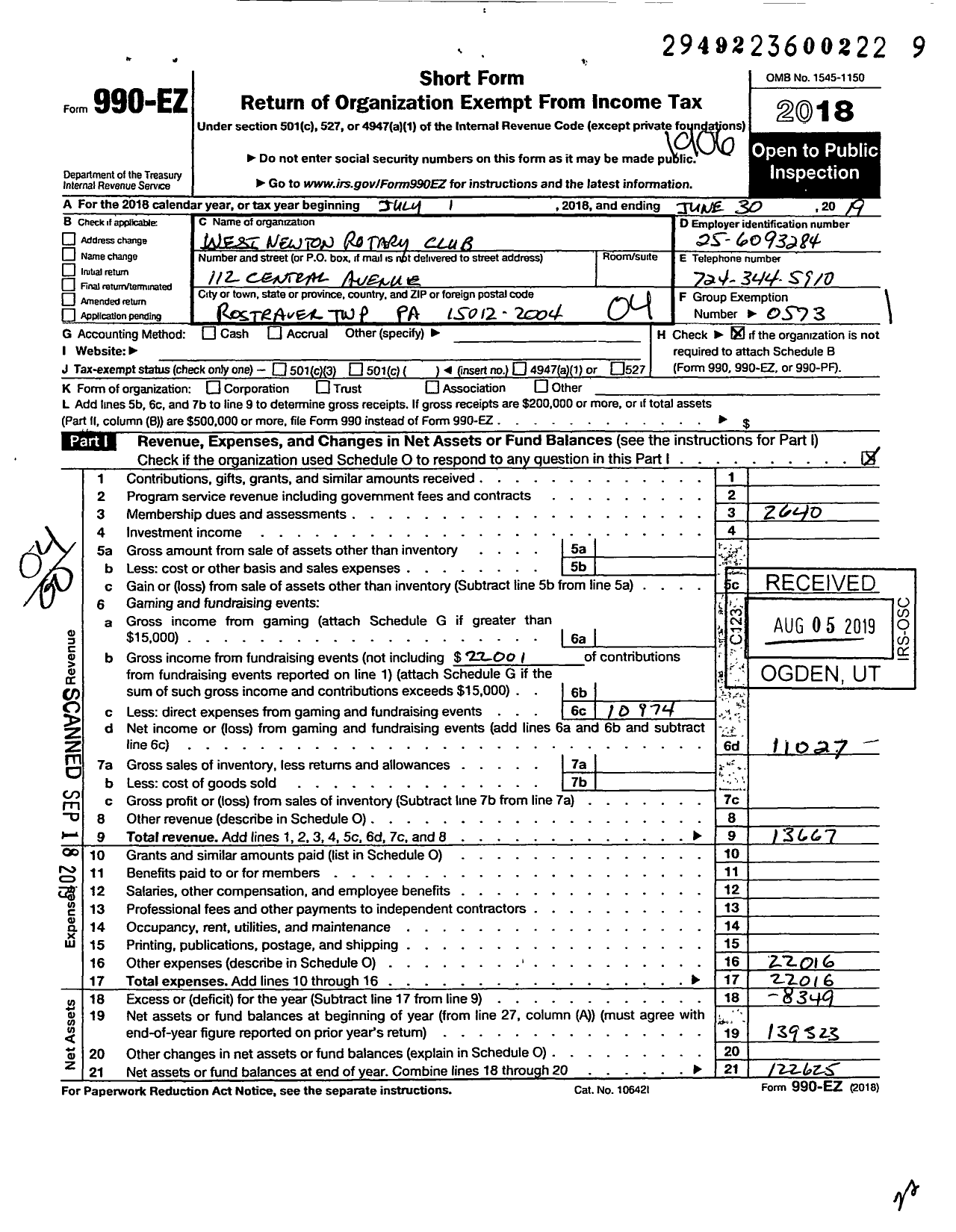 Image of first page of 2018 Form 990EO for Rotary International - West Newton Rotary Club