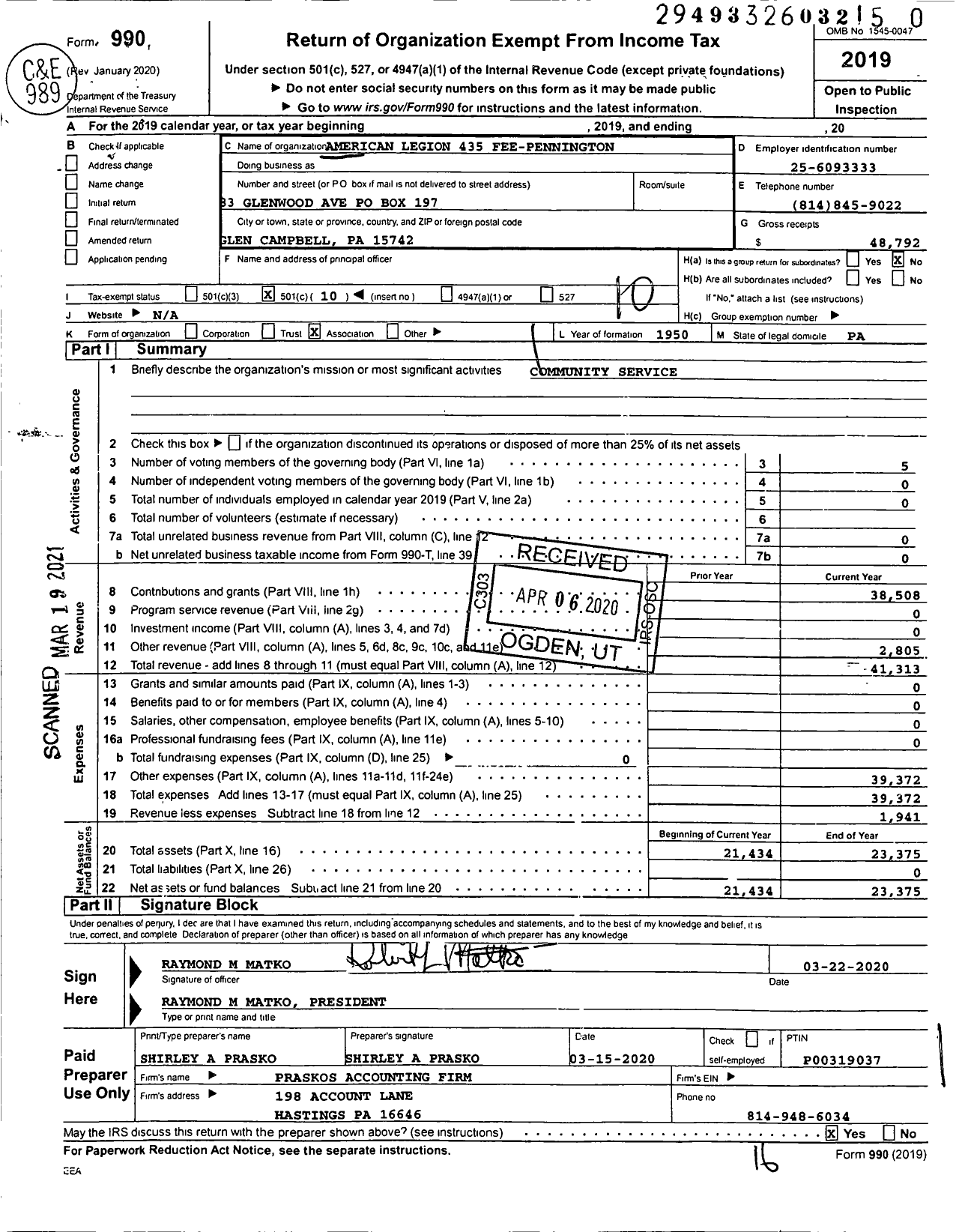 Image of first page of 2019 Form 990O for American Legion 435 Fee-Pennington