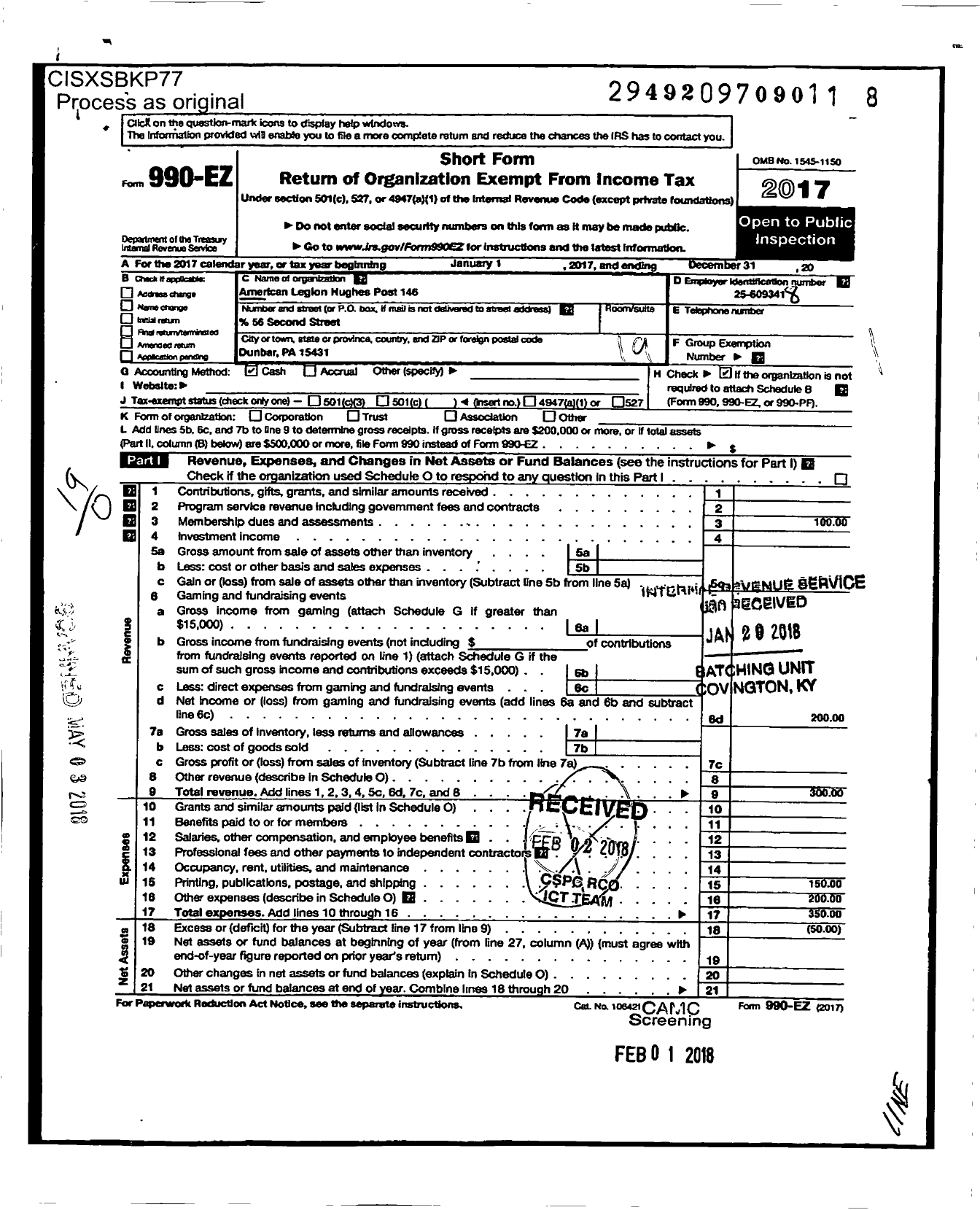 Image of first page of 2017 Form 990EO for American Legion - 0146 Hughes Post Pa