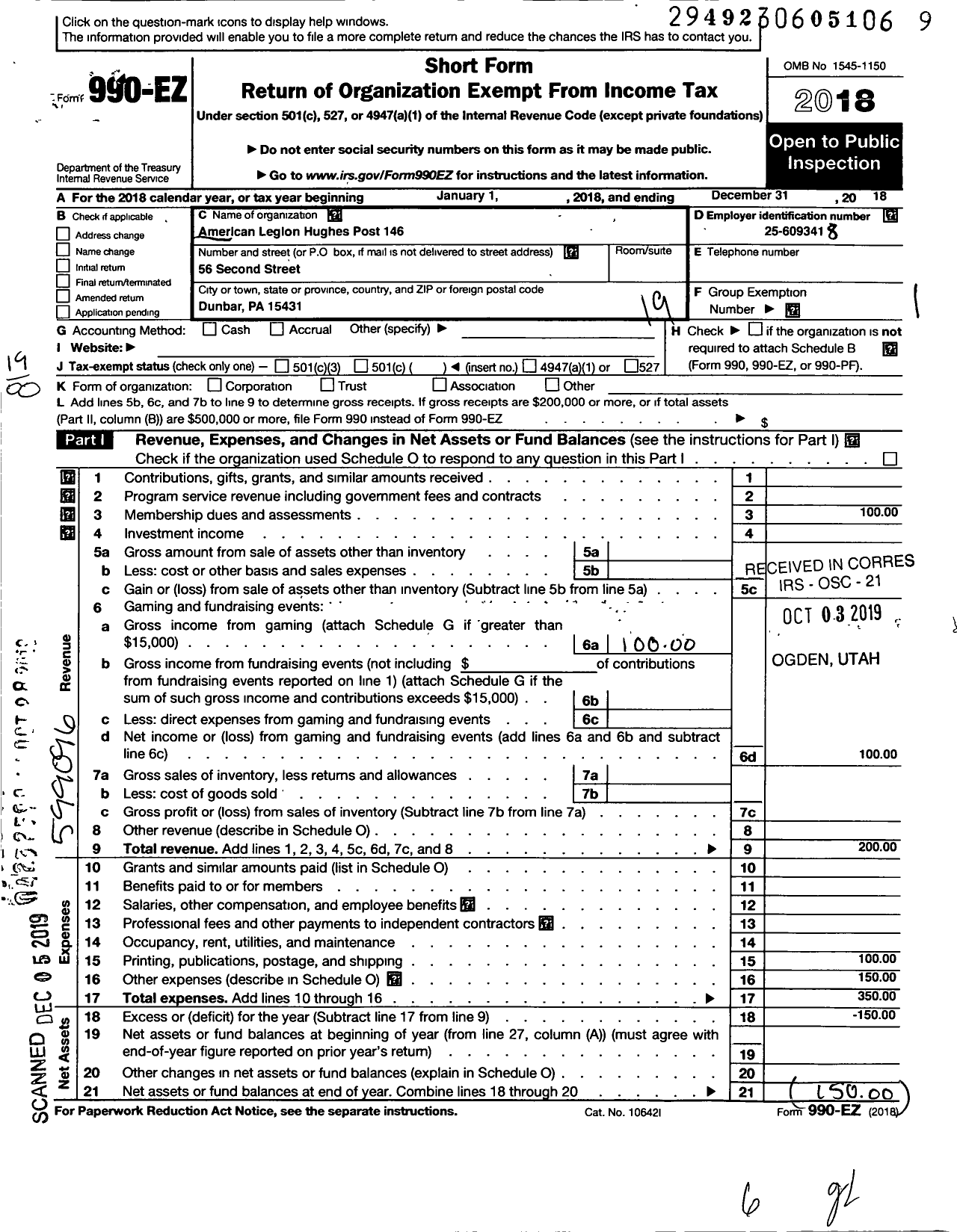 Image of first page of 2018 Form 990EO for American Legion - 0146 Hughes Post Pa