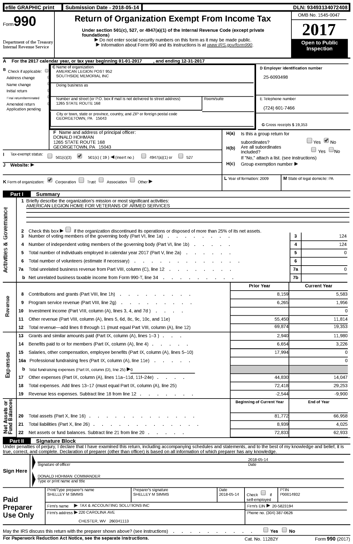 Image of first page of 2017 Form 990 for American Legion - 952 Southside Memorial