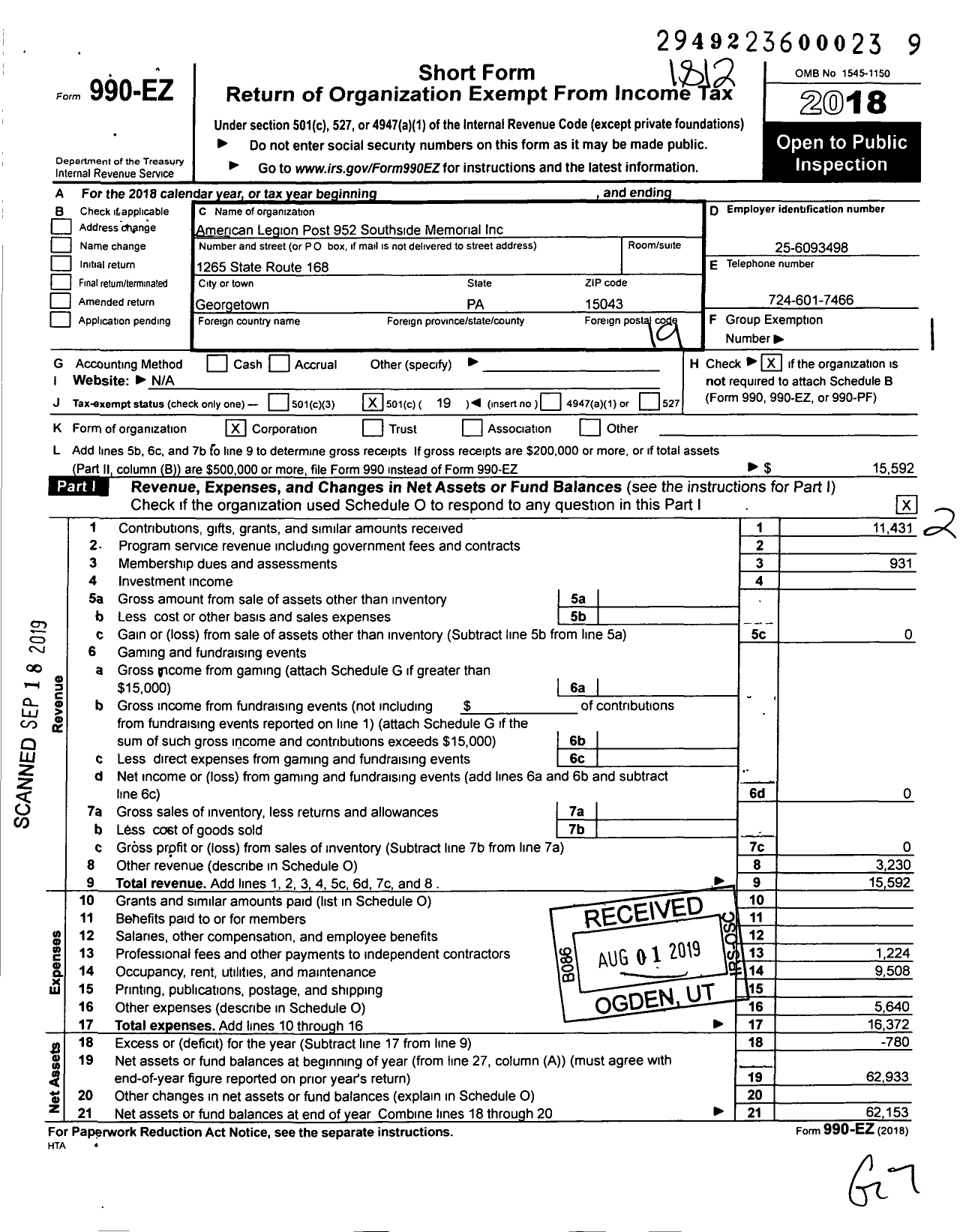 Image of first page of 2018 Form 990EO for American Legion - 952 Southside Memorial