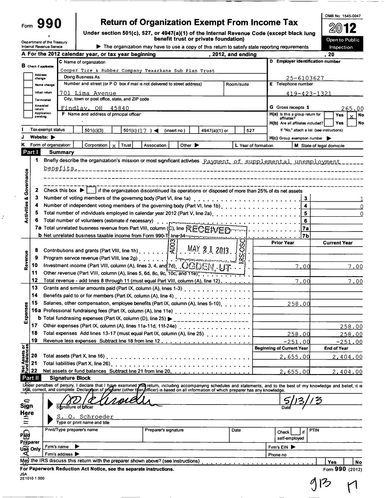 Image of first page of 2012 Form 990O for Cooper Tire and Rubber Texarkana