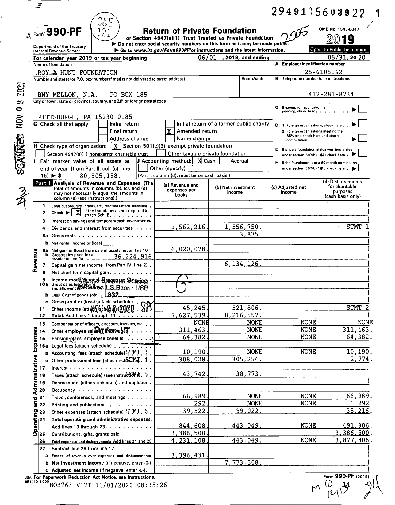 Image of first page of 2019 Form 990PF for Roy A Hunt Foundation