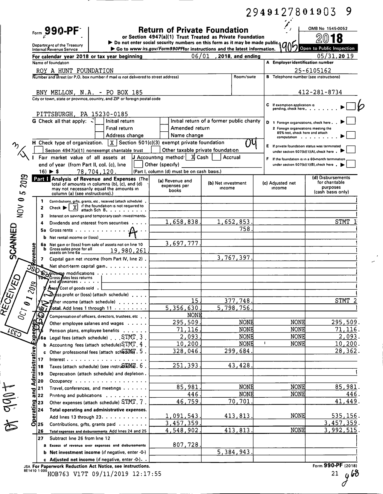 Image of first page of 2018 Form 990PF for Roy A Hunt Foundation