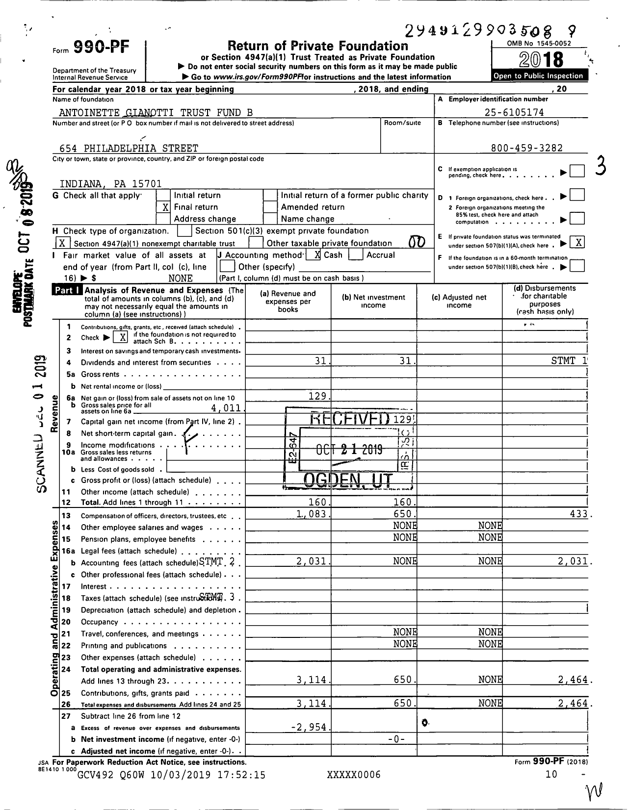 Image of first page of 2018 Form 990PF for Antoinette Gianotti Trust Fund B