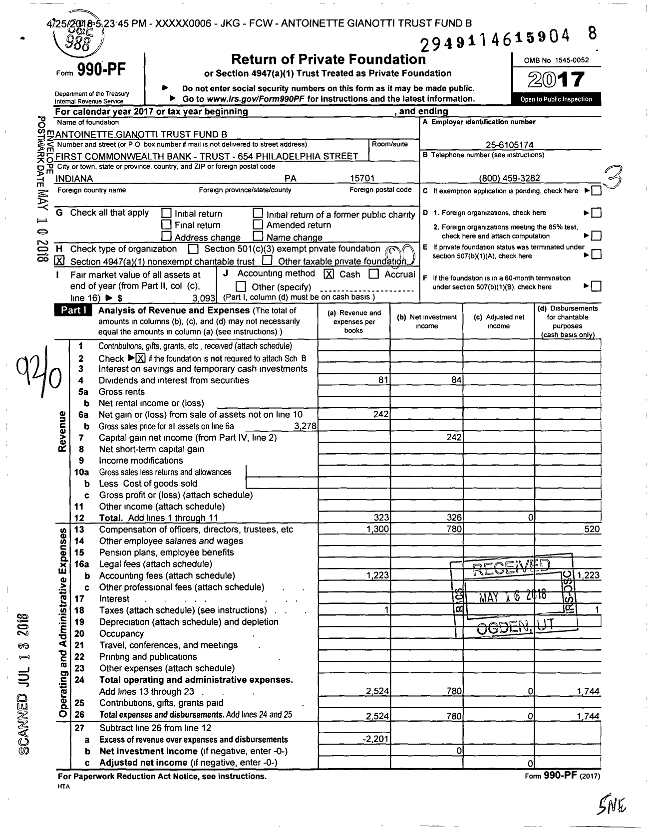 Image of first page of 2017 Form 990PF for Antoinette Gianotti Trust Fund B