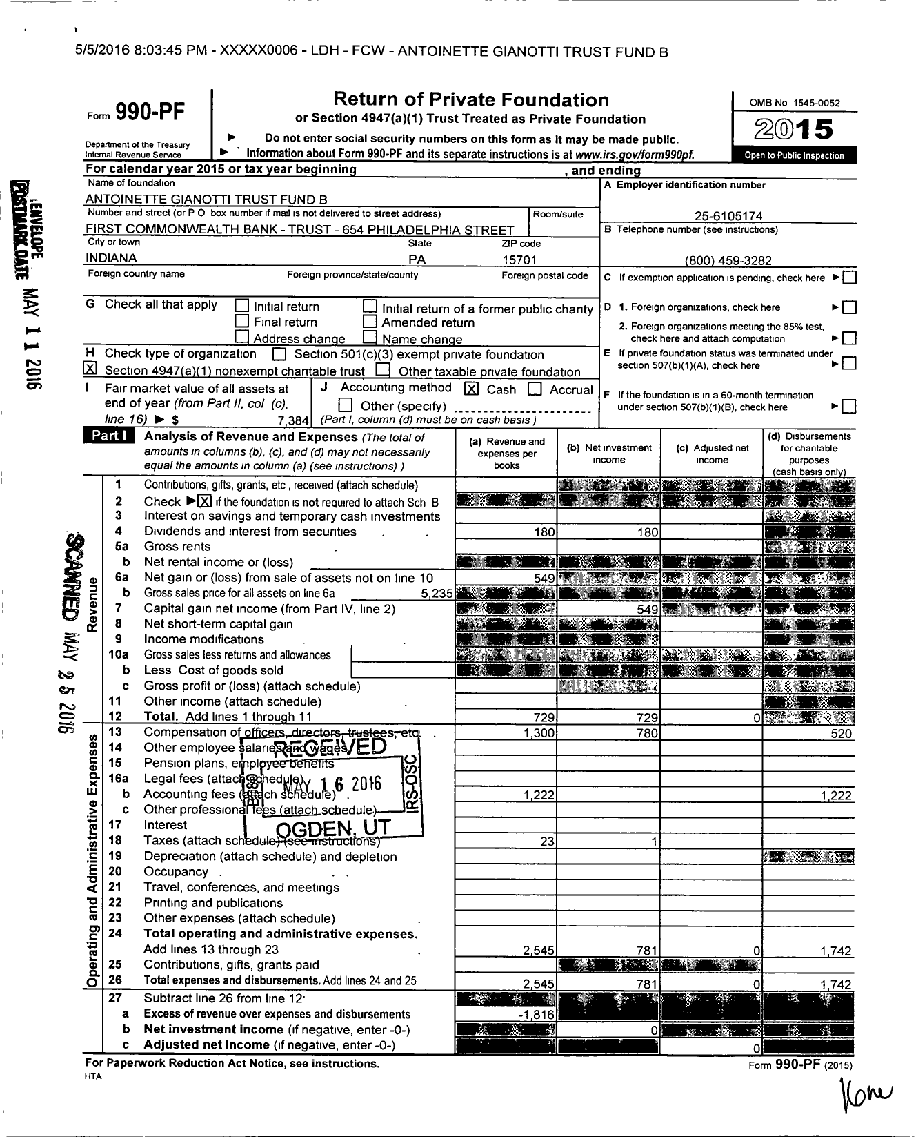 Image of first page of 2015 Form 990PF for Antoinette Gianotti Trust Fund B