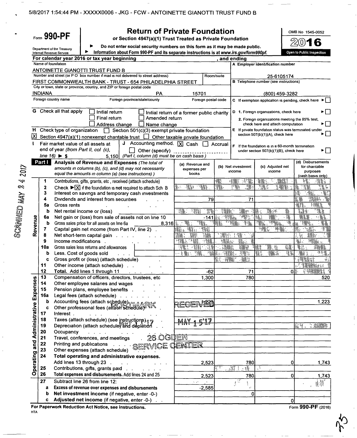 Image of first page of 2016 Form 990PF for Antoinette Gianotti Trust Fund B