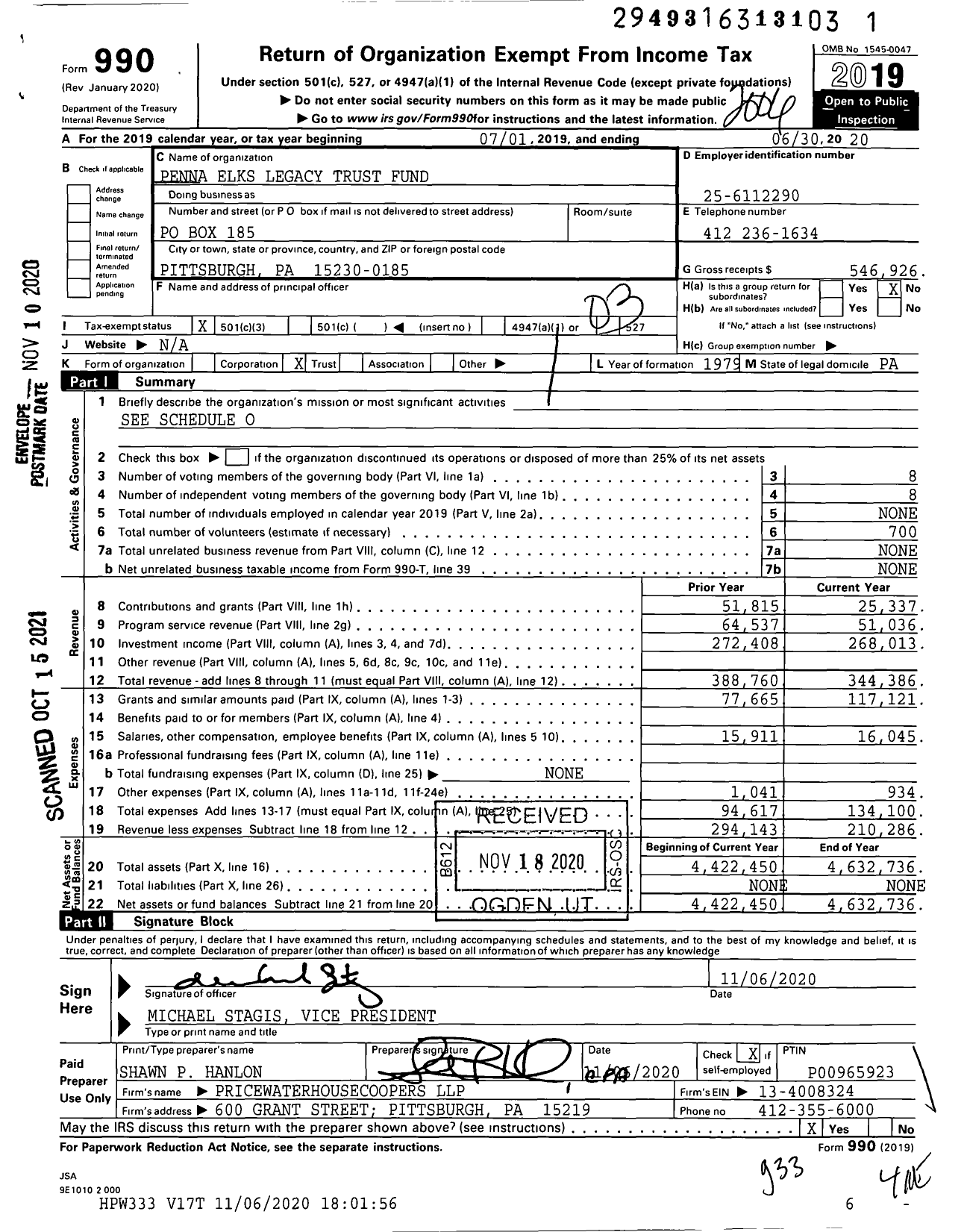 Image of first page of 2019 Form 990 for Penna Elks Legacy Trust Fund
