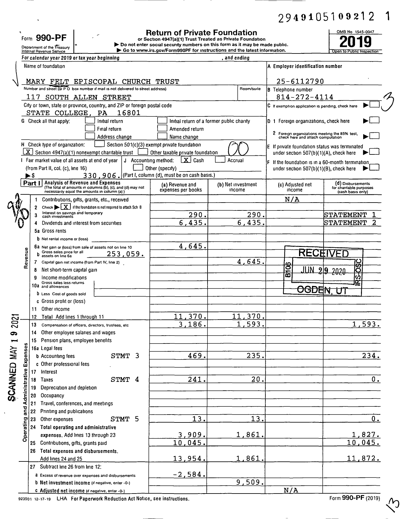 Image of first page of 2019 Form 990PF for Mary Felt Episcopal Church Trust