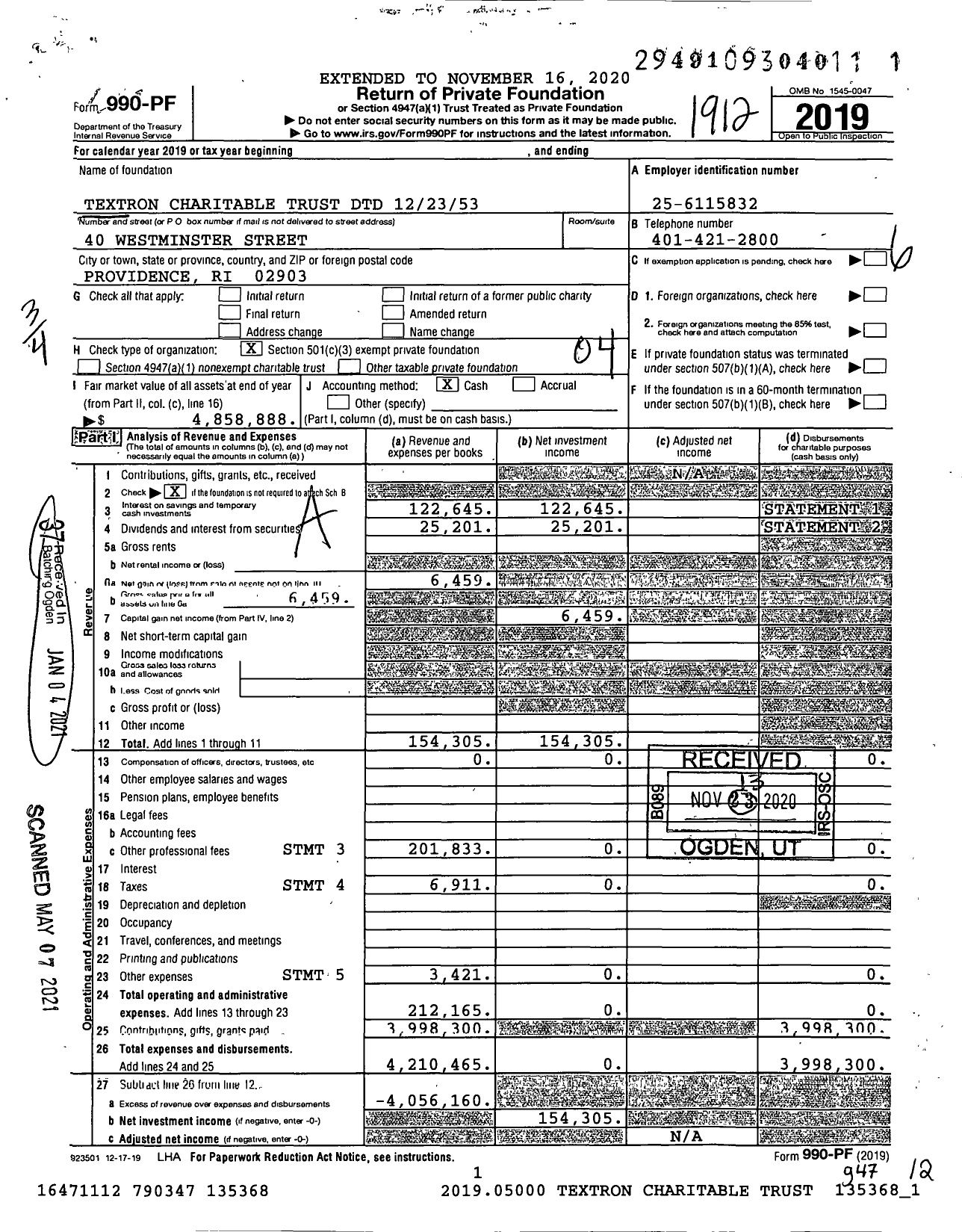 Image of first page of 2019 Form 990PF for Textron Charitable Trust DTD 122353