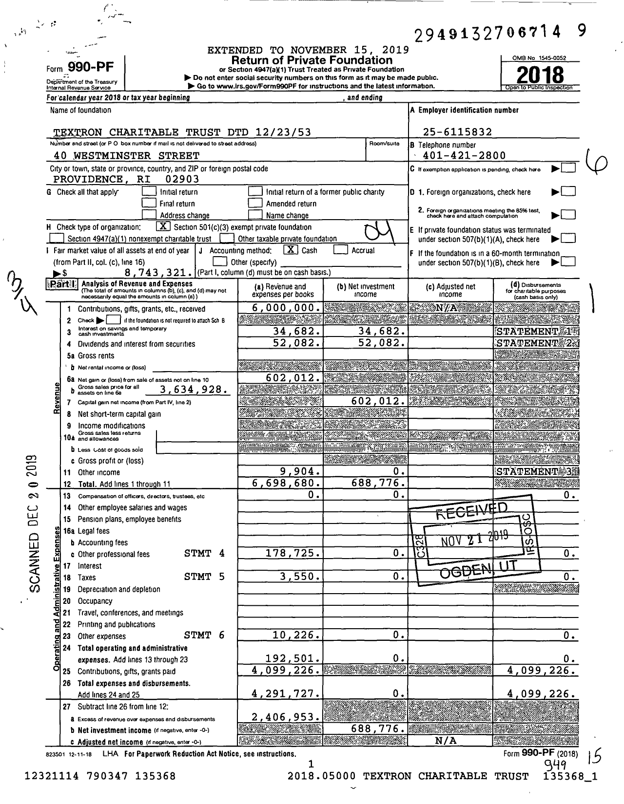 Image of first page of 2018 Form 990PF for Textron Charitable Trust DTD 122353