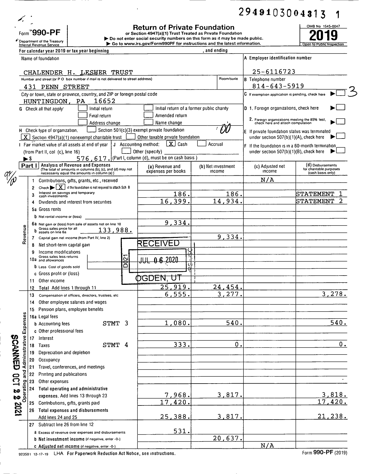 Image of first page of 2019 Form 990PF for Chalender H Lesher Trust