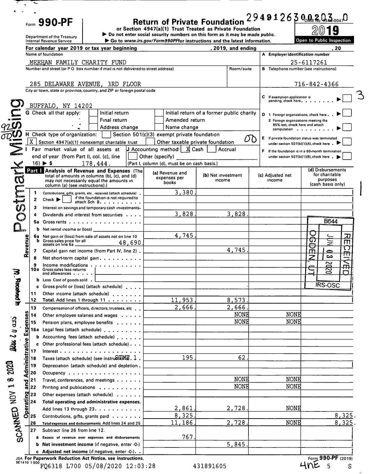 Image of first page of 2019 Form 990PF for Meehan Family Charity Fund