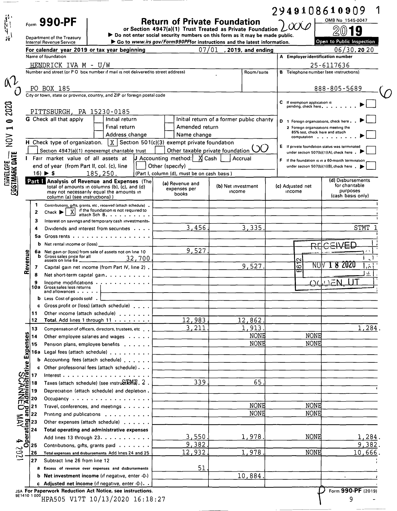 Image of first page of 2019 Form 990PF for Hendrick Iva M - M-Uw