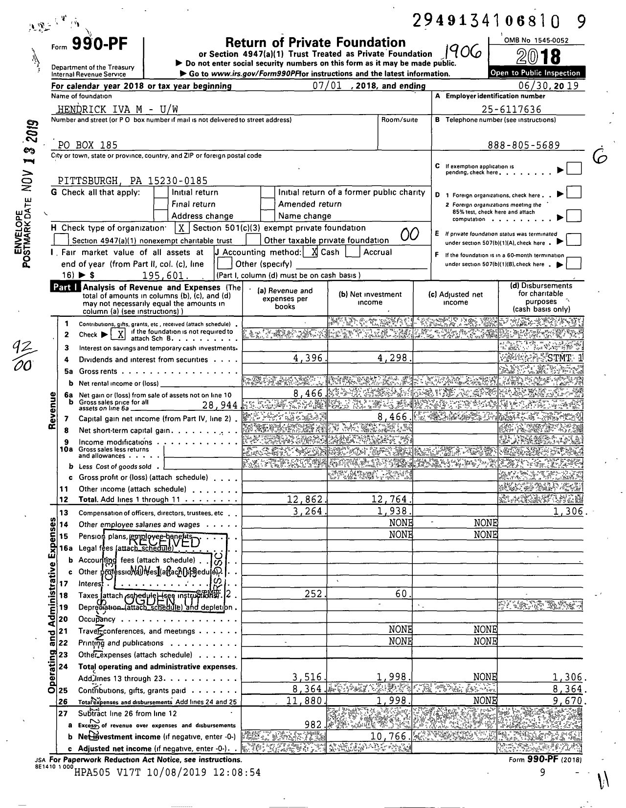 Image of first page of 2018 Form 990PF for Hendrick Iva M - M-Uw