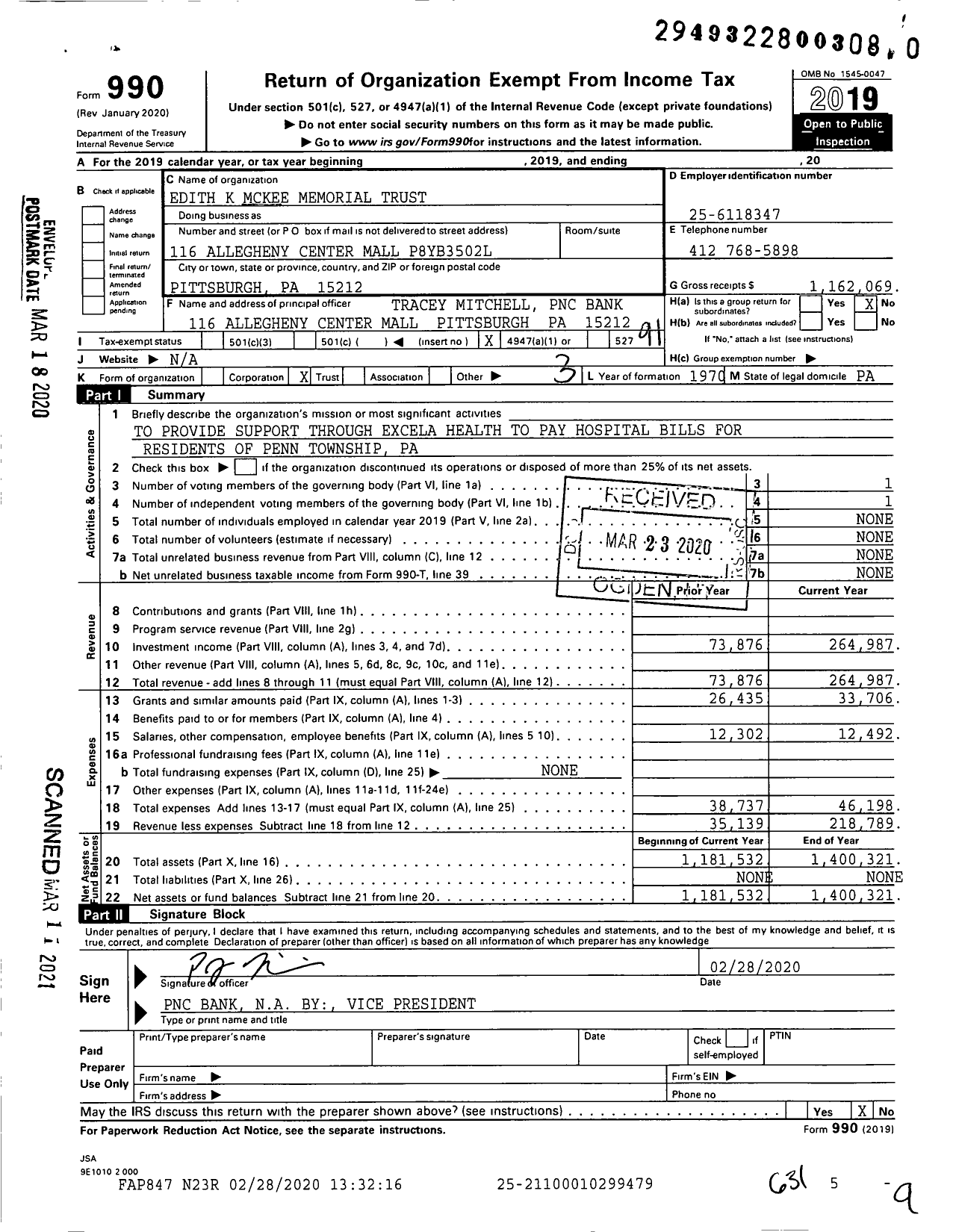 Image of first page of 2019 Form 990O for Edith K Mckee Memorial Trust