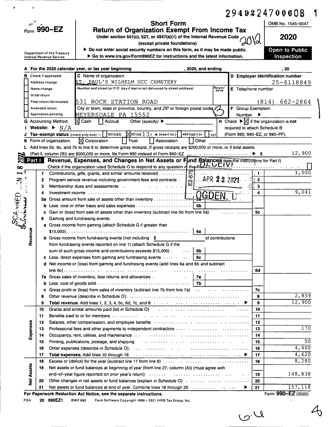 Image of first page of 2020 Form 990EO for St Pauls Wilhelm Cemetary Trust